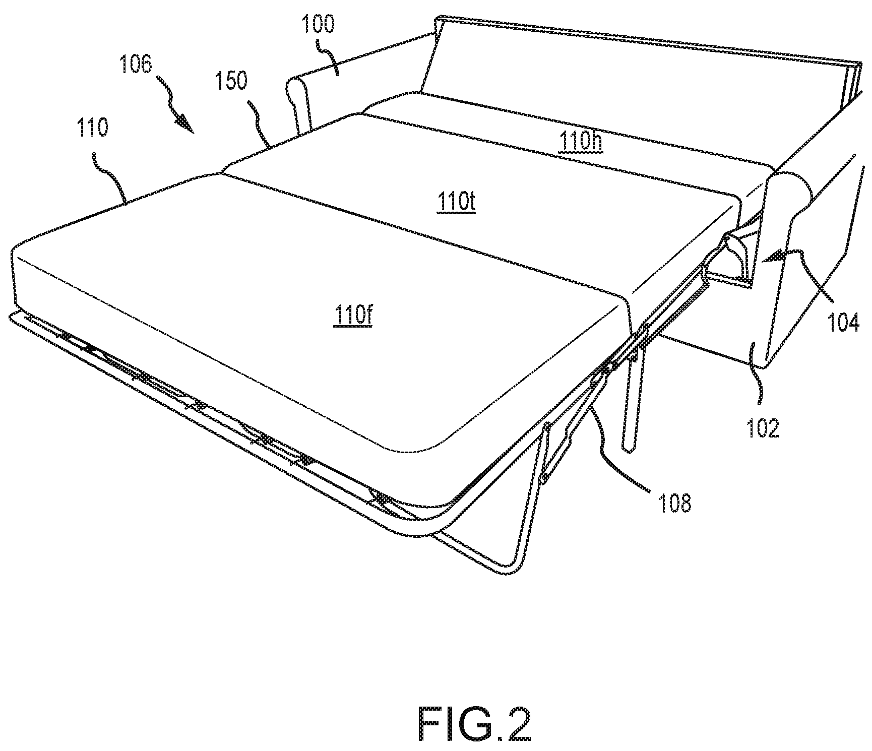 Patent US11793316 Figure 2 – Sleeper sofa with a solid support deck