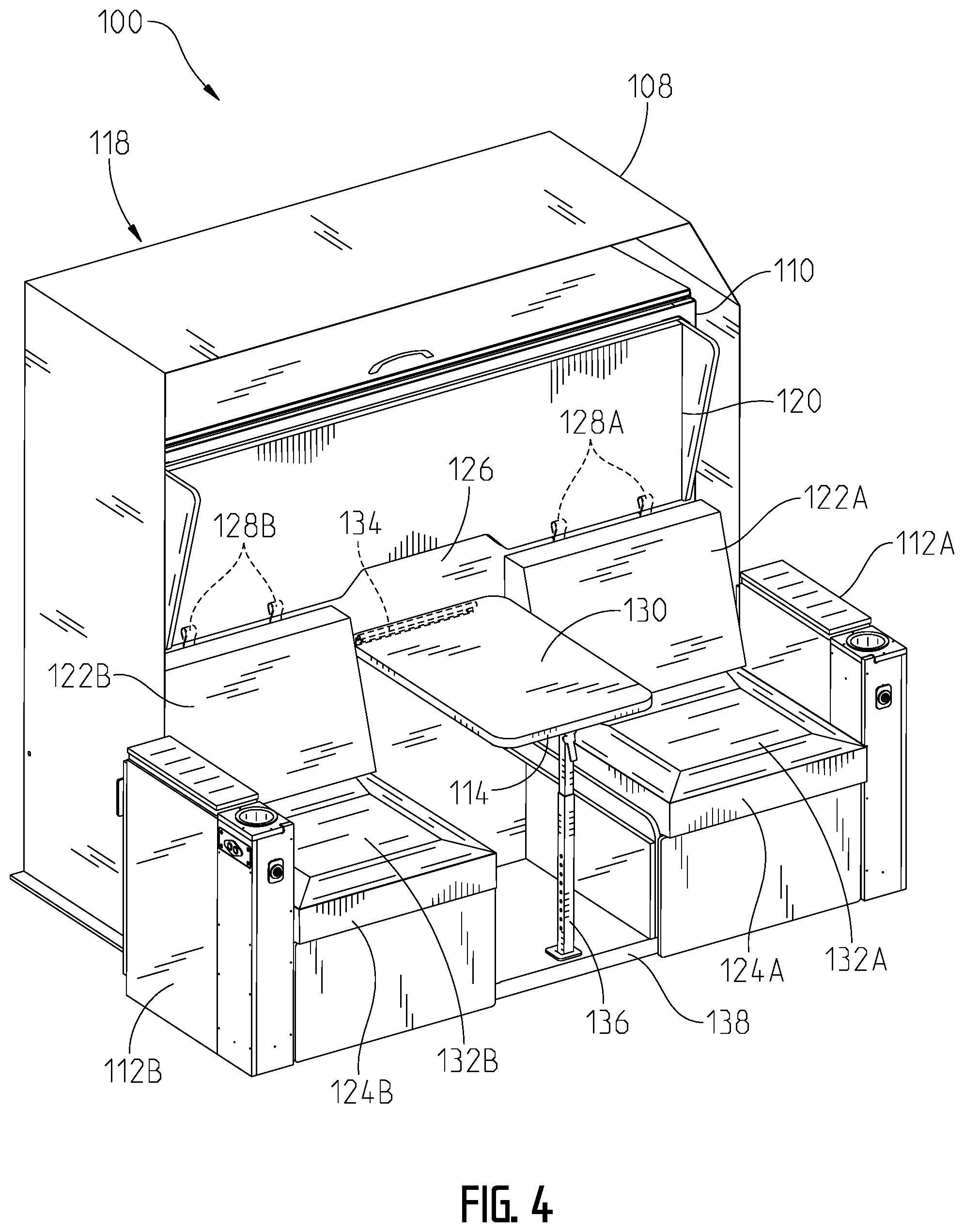 Patent US11793317 Figure 4 – Convertible furniture arrangement for a recreational vehicle