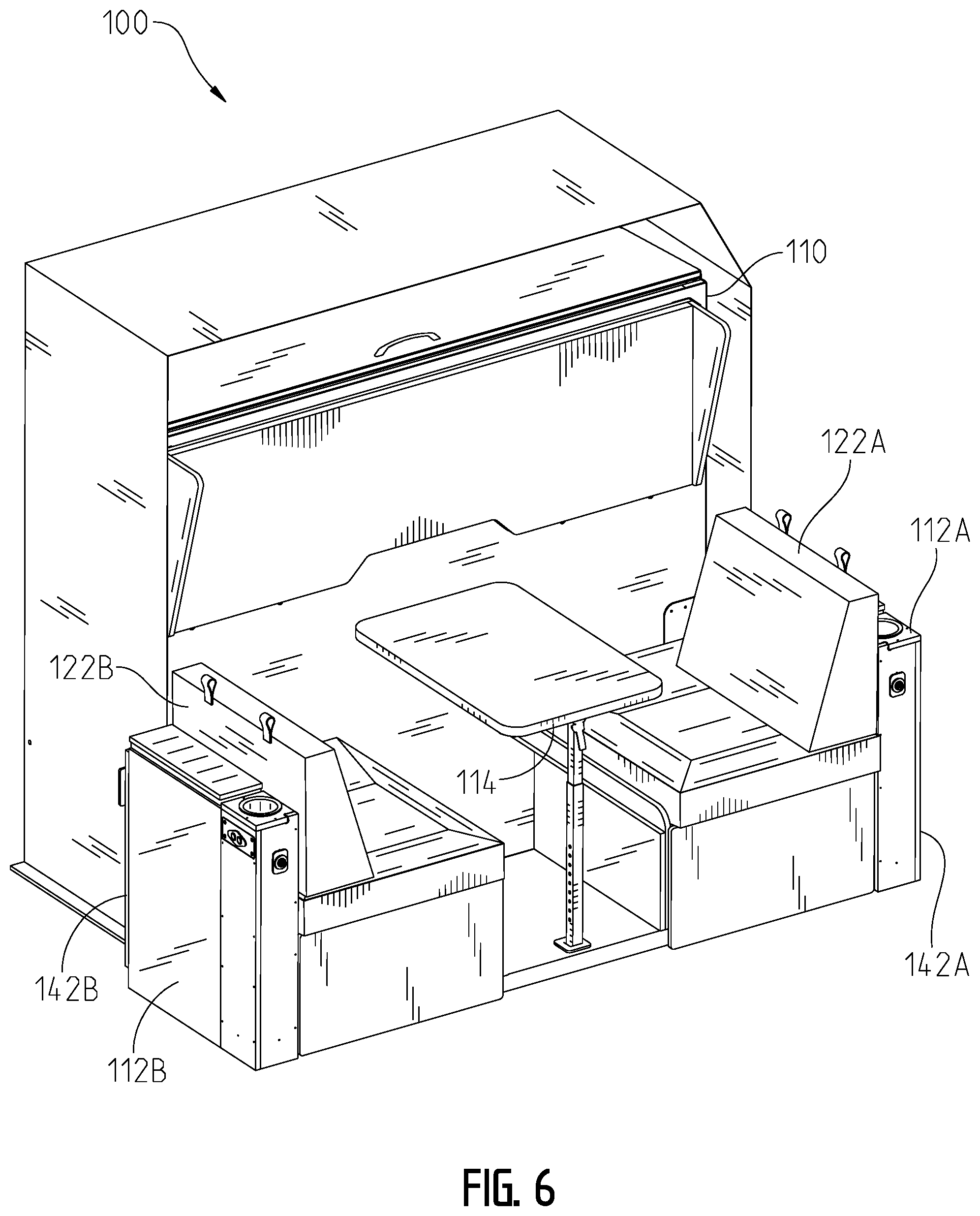 Patent US11793317 Figure 6 – Convertible furniture arrangement for a recreational vehicle