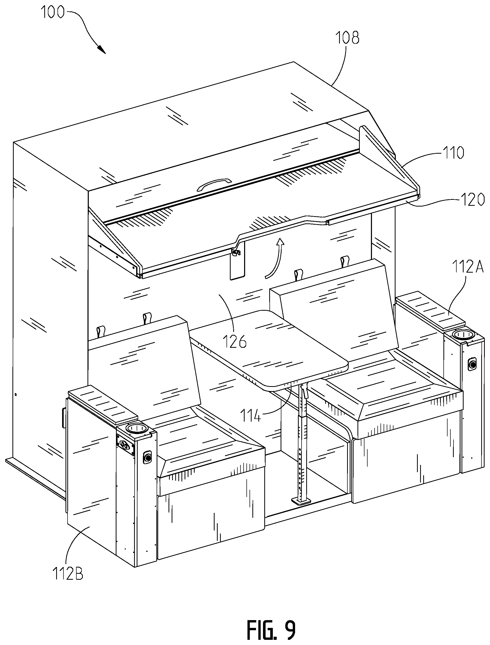 Patent US11793317 Figure 9 – Convertible furniture arrangement for a recreational vehicle