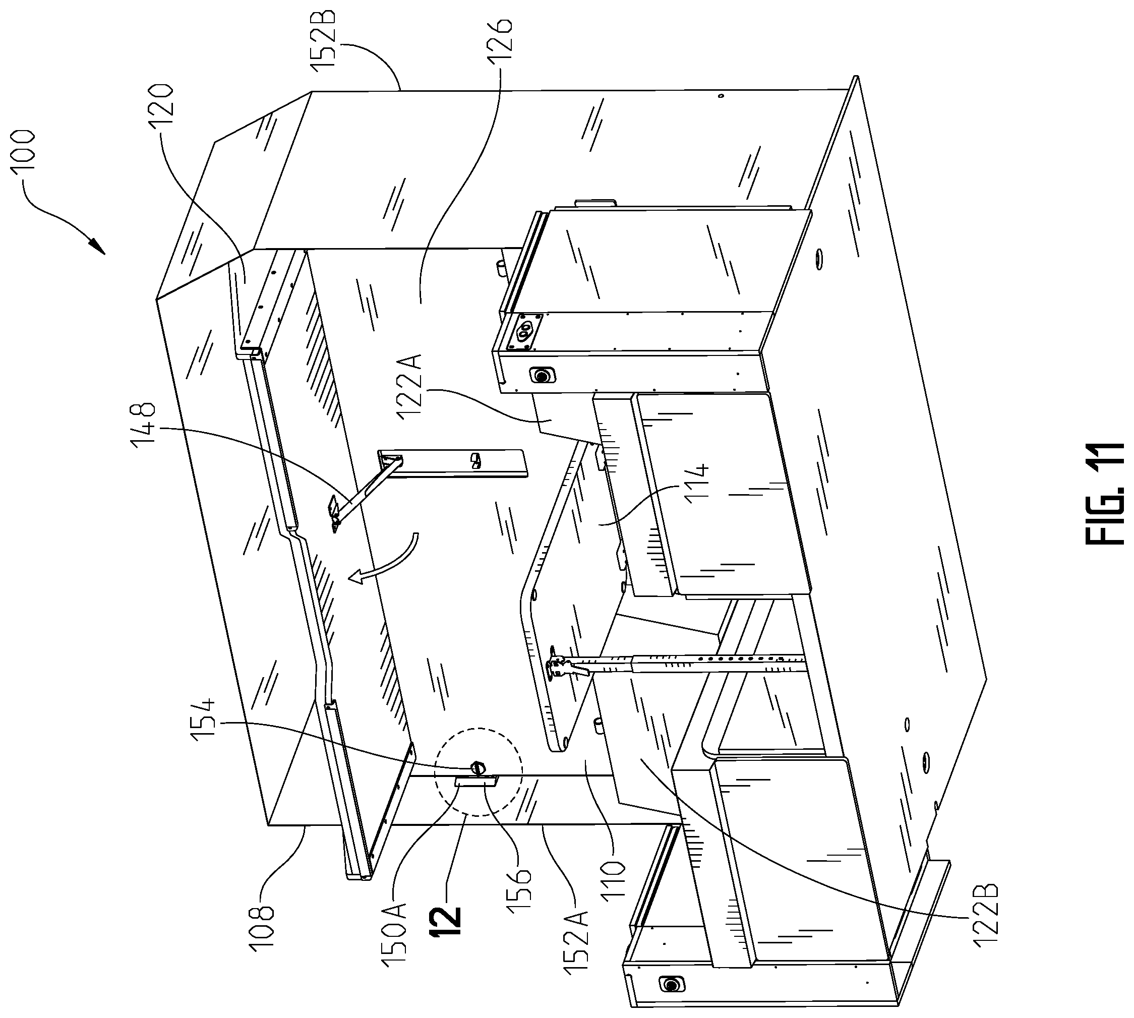 Patent US11793317 Figure 11 – Convertible furniture arrangement for a recreational vehicle