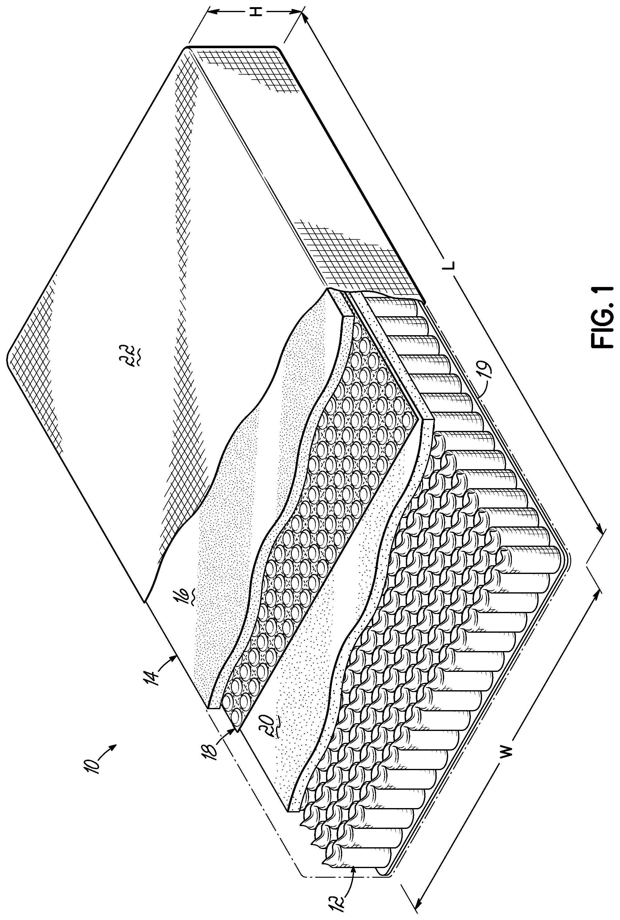 Patent US11793319 — Bedding or seating product having topper with at least one thermally enhanced foam component — Figure 1