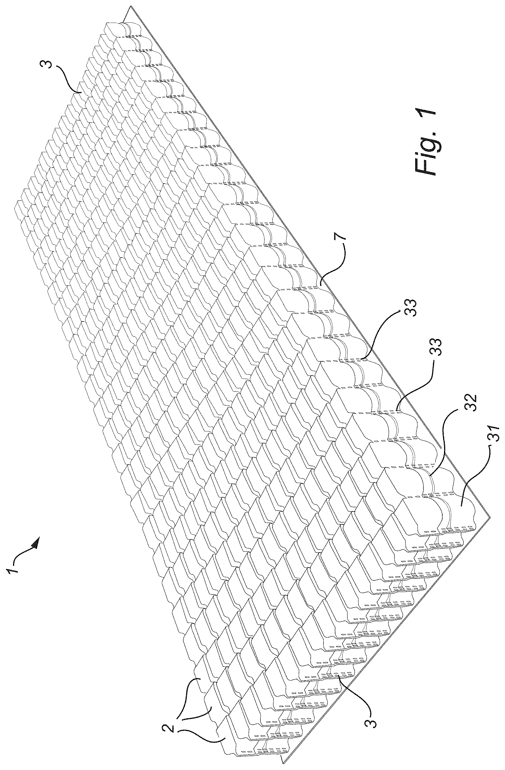 Patent US11793320 Figure 1 – Low density pocket spring mattress with integrated cushioning pads