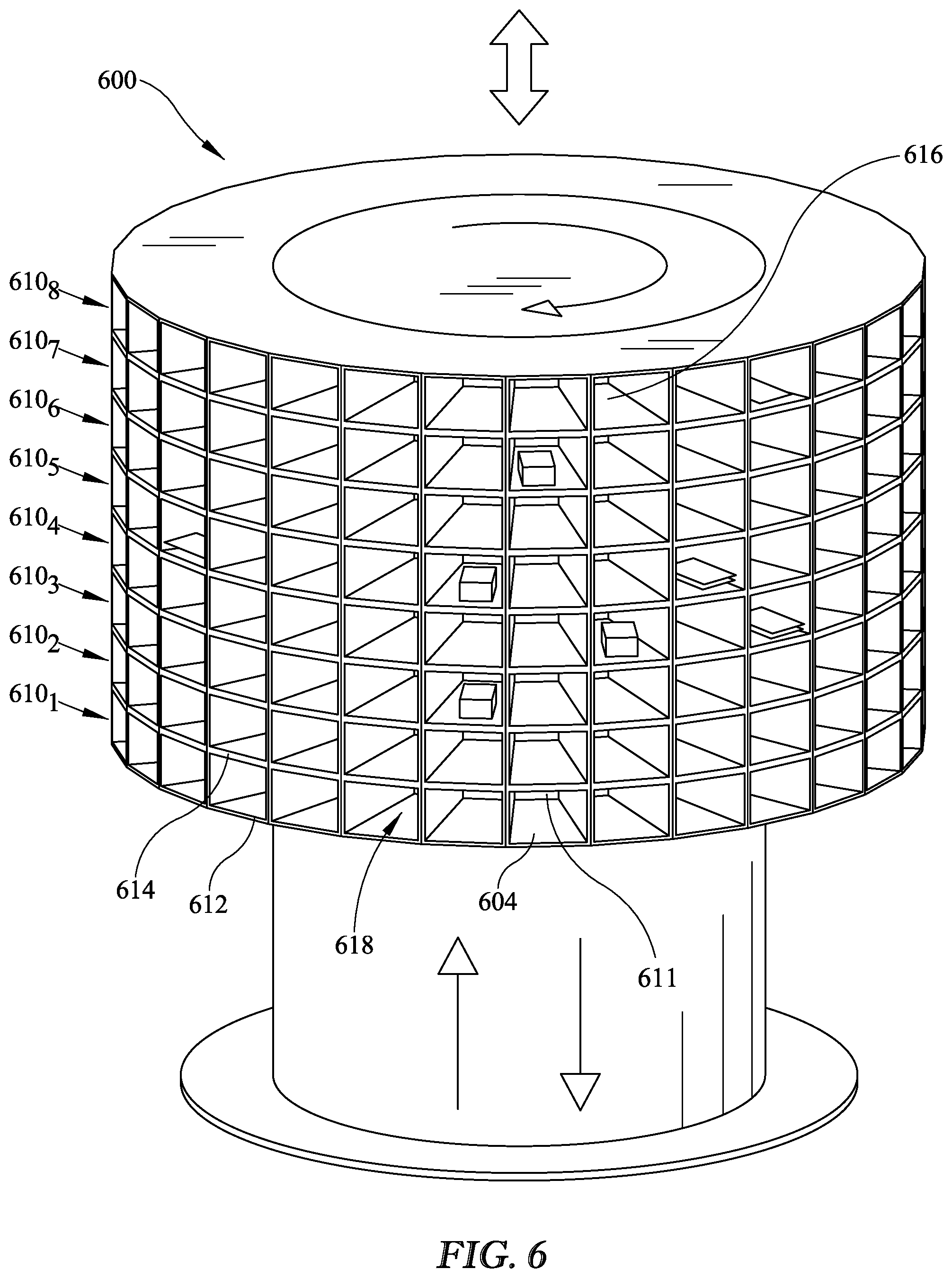 Patent US11793340 Figure 6 – Revolving cluster mailbox and central package delivery system