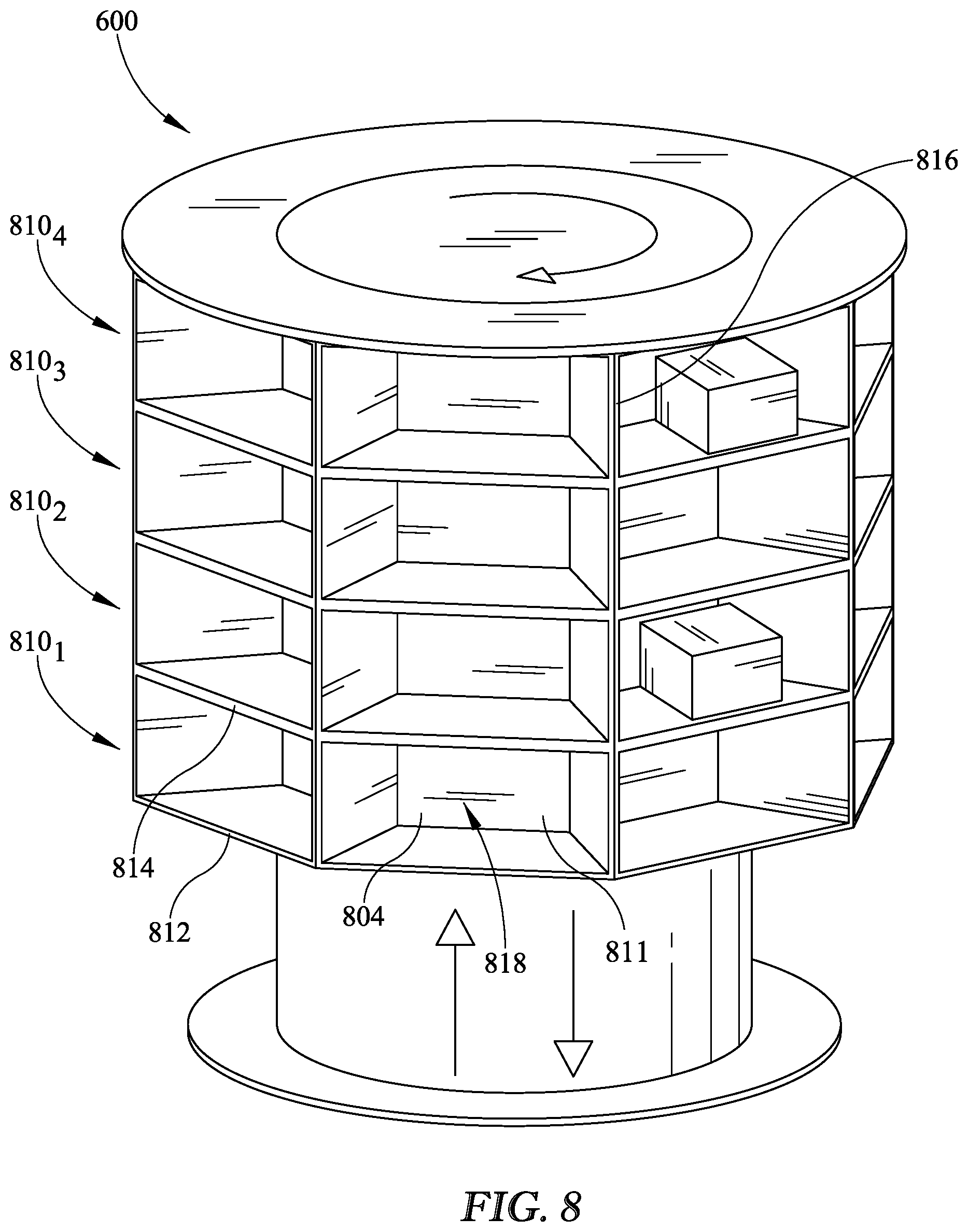 Patent US11793340 Figure 8 – Revolving cluster mailbox and central package delivery system