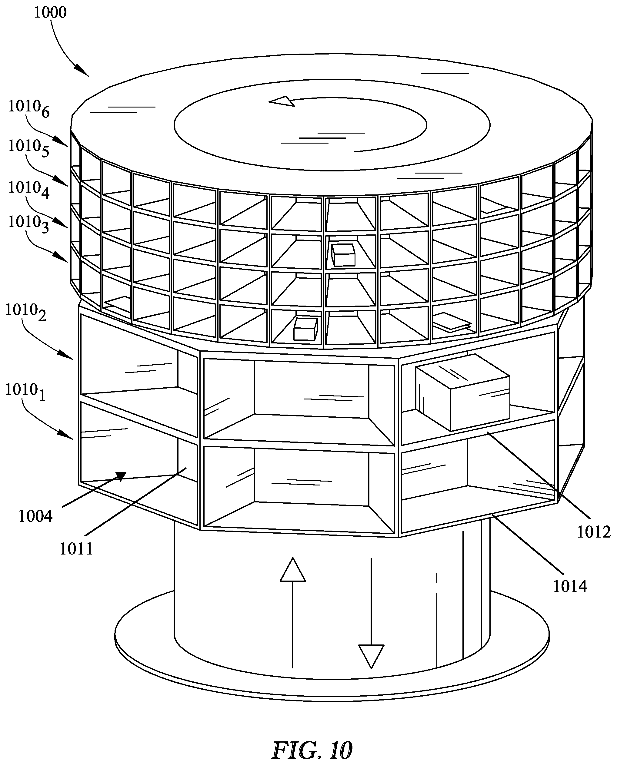 Patent US11793340 Figure 10 – Revolving cluster mailbox and central package delivery system