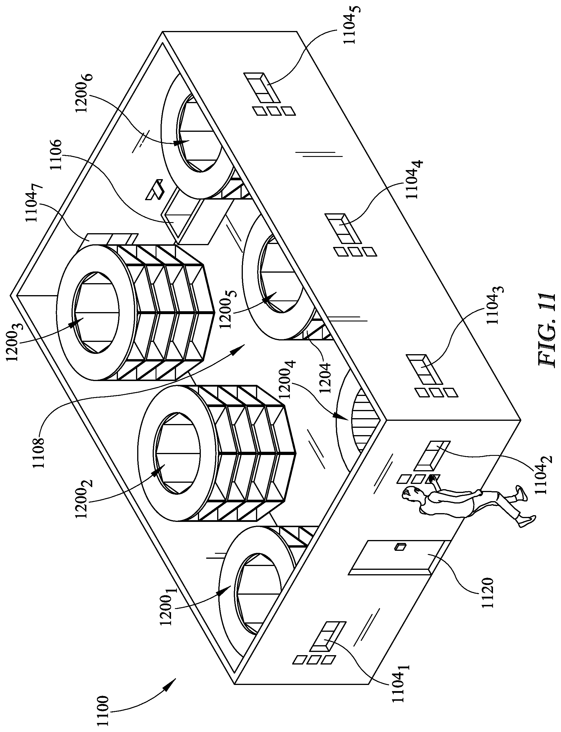 Patent US11793340 Figure 11 – Revolving cluster mailbox and central package delivery system