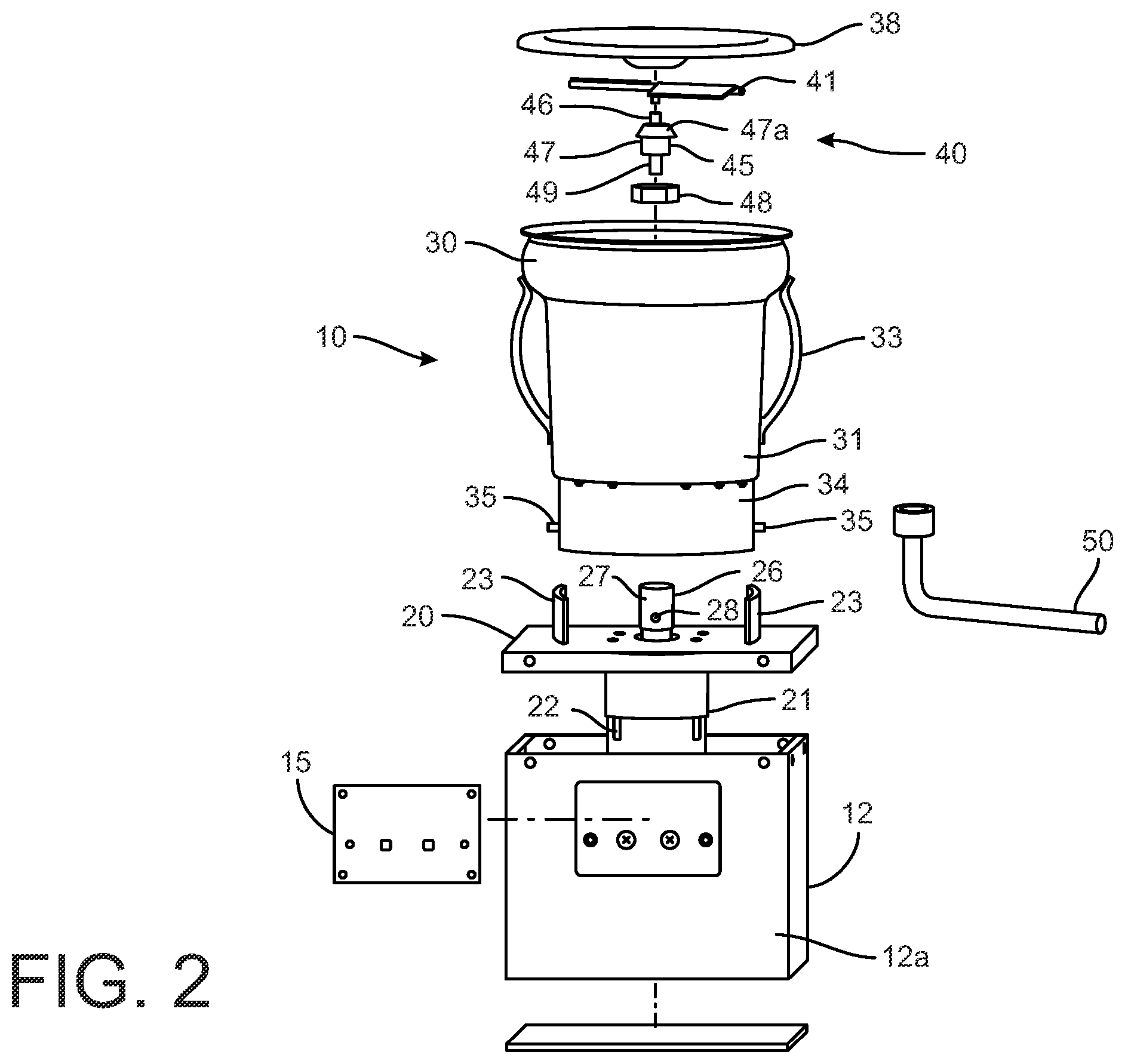 Patent US11793357 Figure 2 – Combined stirring, mixing and blending apparatus for commercial kitchens