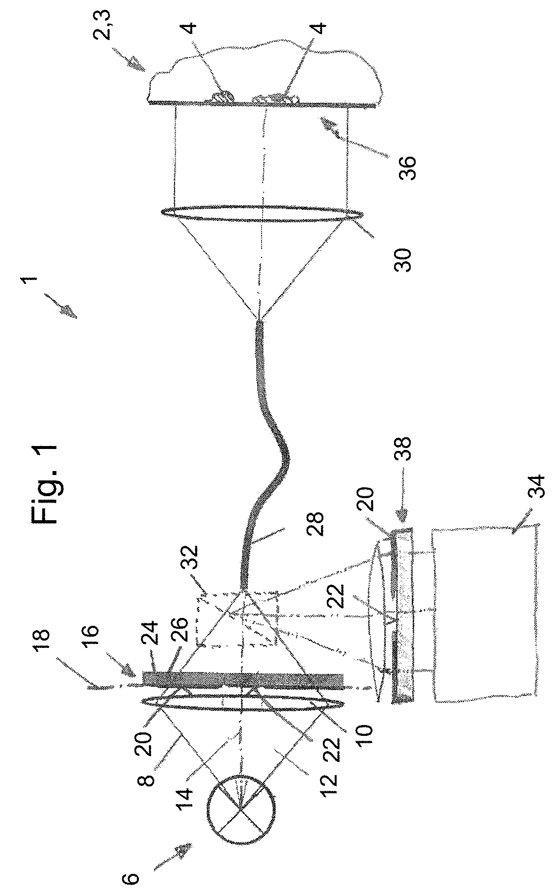Patent US11793398 Figure 1 – Medical device for the observation of a partly fluorescent object, using a filter system with a transmission window
