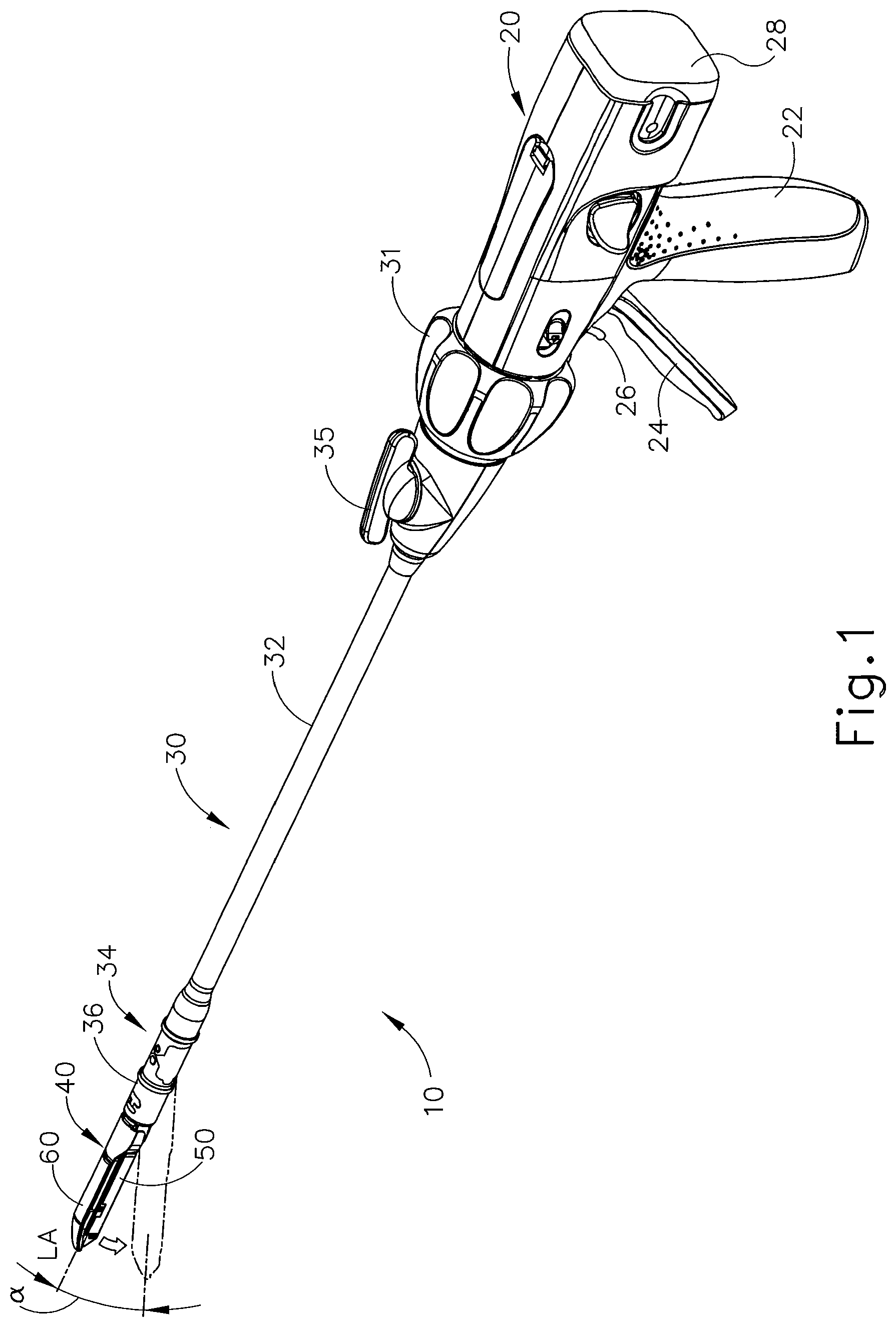 Patent US11793515 Figure 1 – Surgical stapler buttress assembly with adhesion to wet end effector