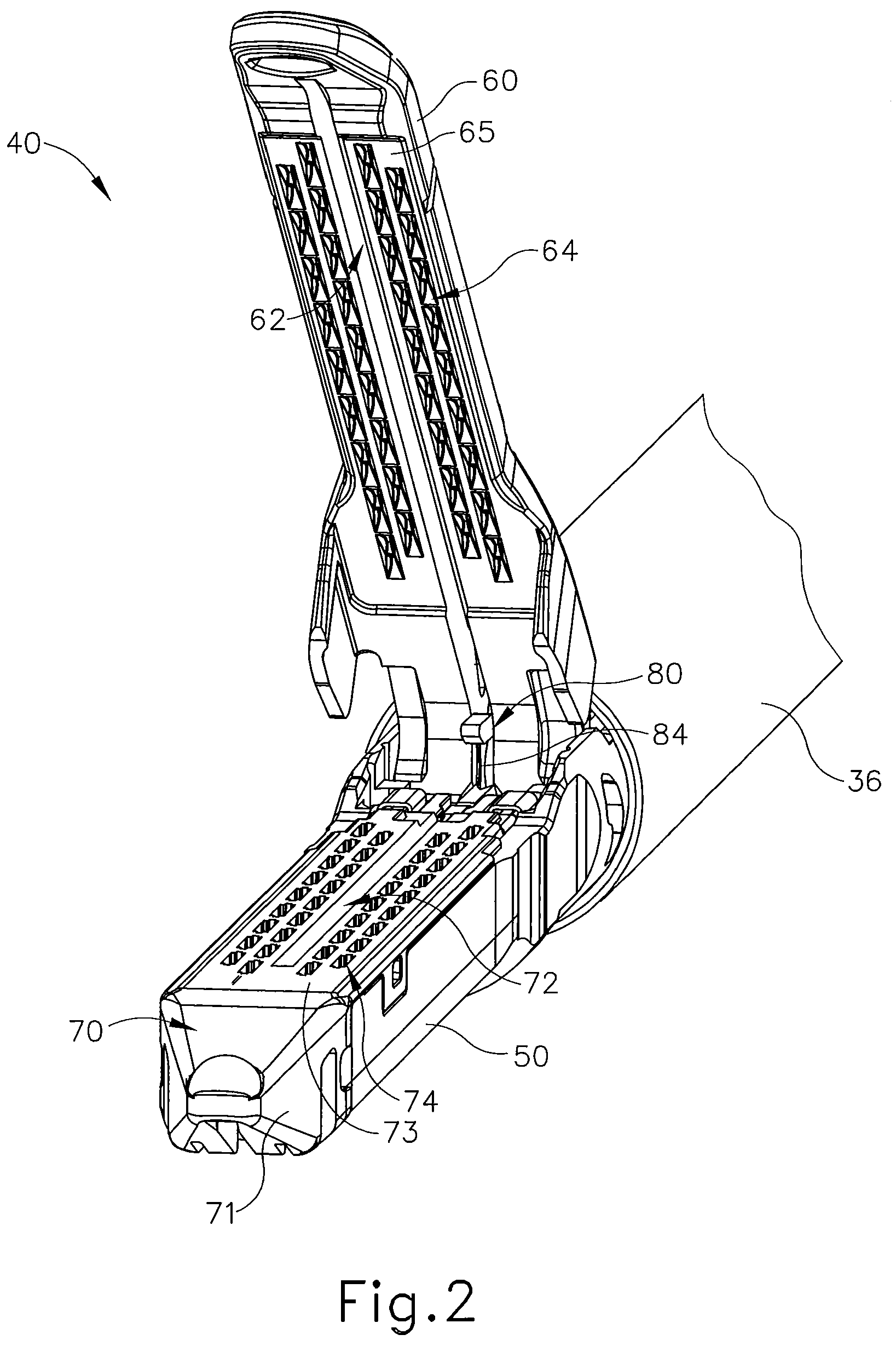 Patent US11793515 Figure 2 – Surgical stapler buttress assembly with adhesion to wet end effector