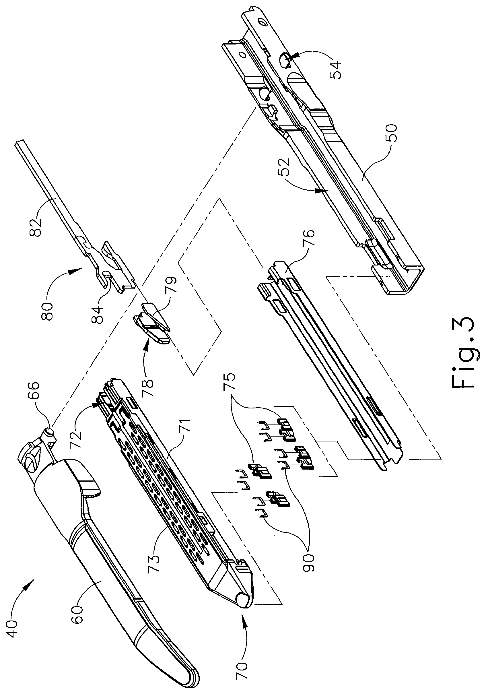 Patent US11793515 Figure 3 – Surgical stapler buttress assembly with adhesion to wet end effector