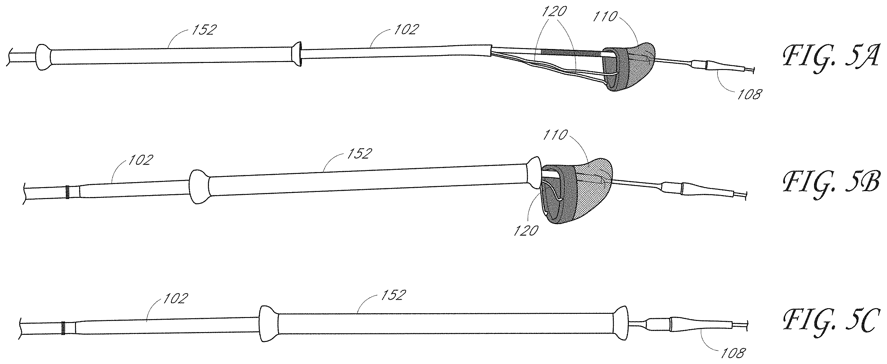 Patent US11793531 Figure 5 – Axial lengthening thrombus capture system, tensioning system and expandable funnel catheter