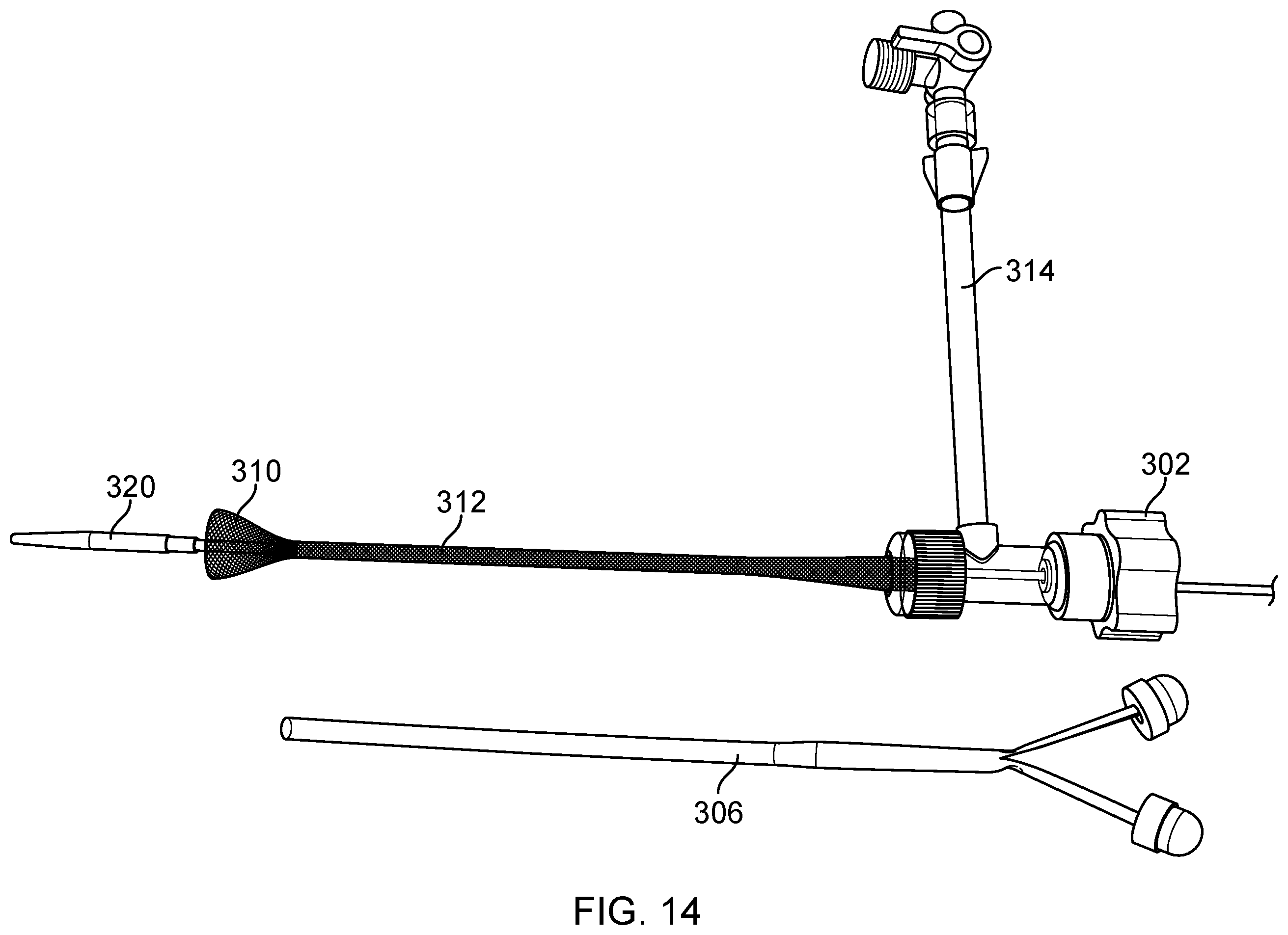 Patent US11793531 Figure 14 – Axial lengthening thrombus capture system, tensioning system and expandable funnel catheter