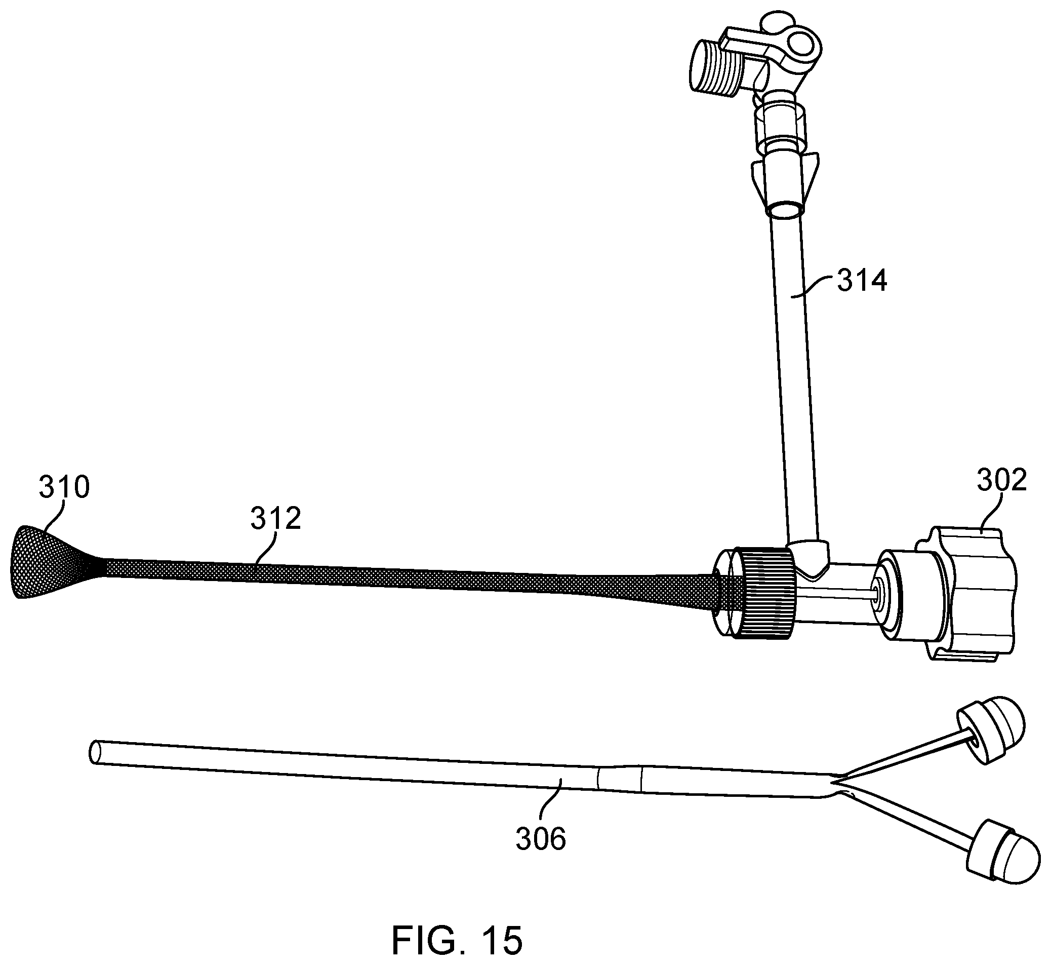 Patent US11793531 Figure 15 – Axial lengthening thrombus capture system, tensioning system and expandable funnel catheter