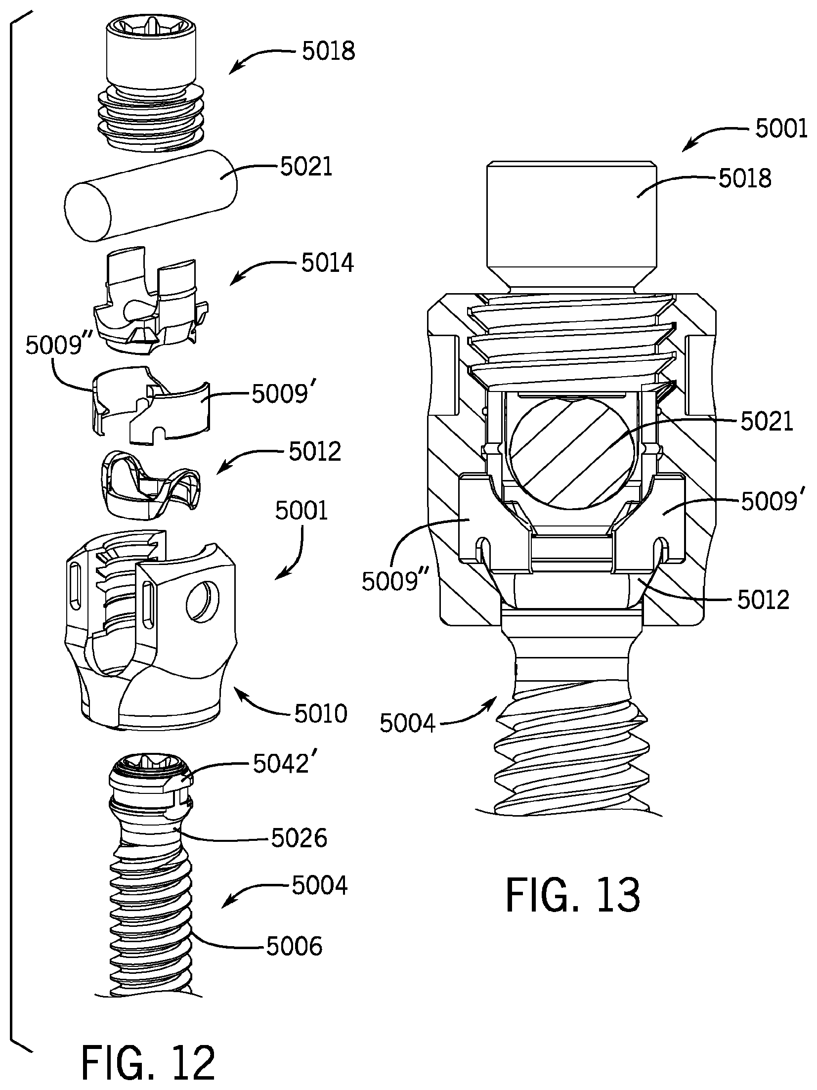 Patent US11793553 Figure 6 – Pivotal bone anchor assembly having first and second split rings and an insert with post-placement tool deployment