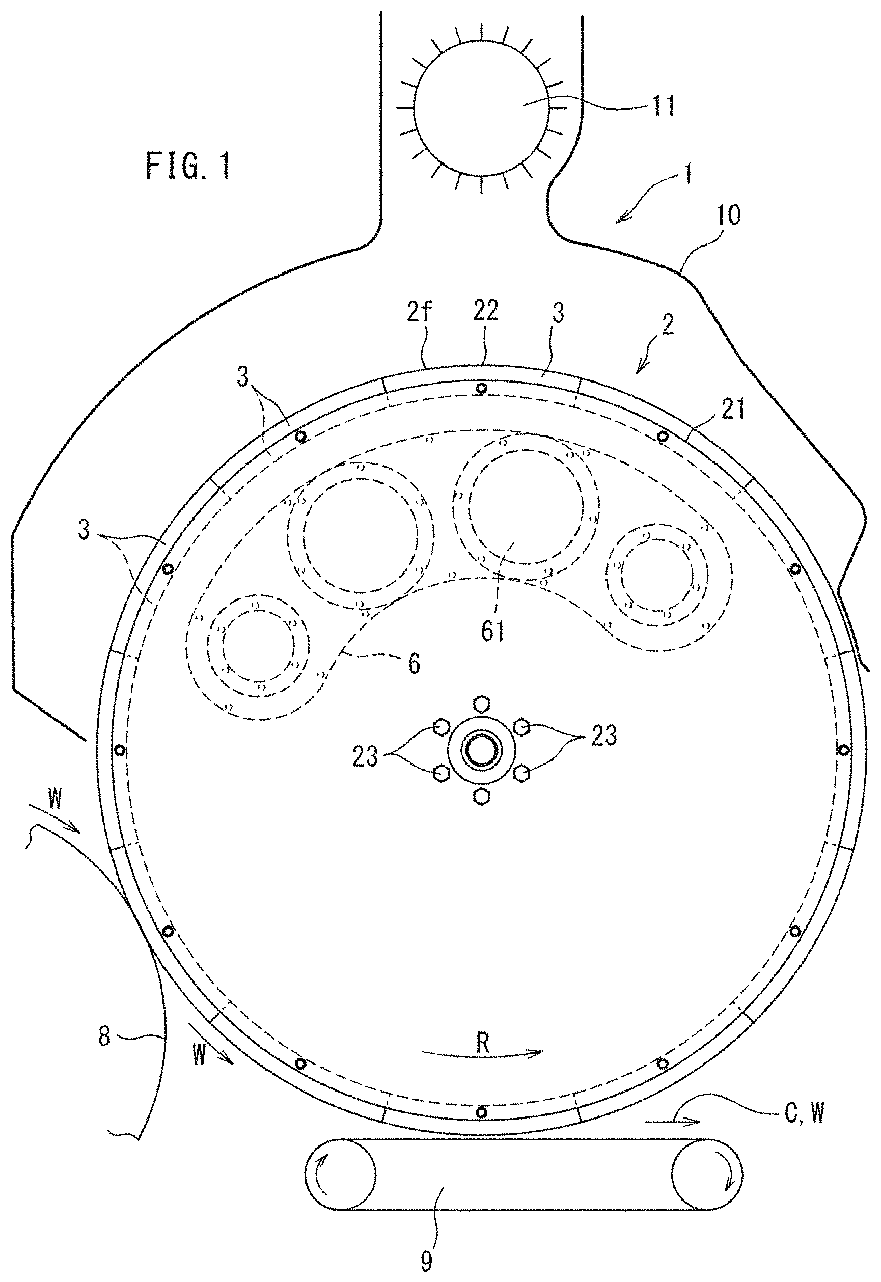 Patent US11793681 Figure 1 – Apparatus for manufacturing absorbent core of disposable worn article, and replacement method for replacing part of the apparatus