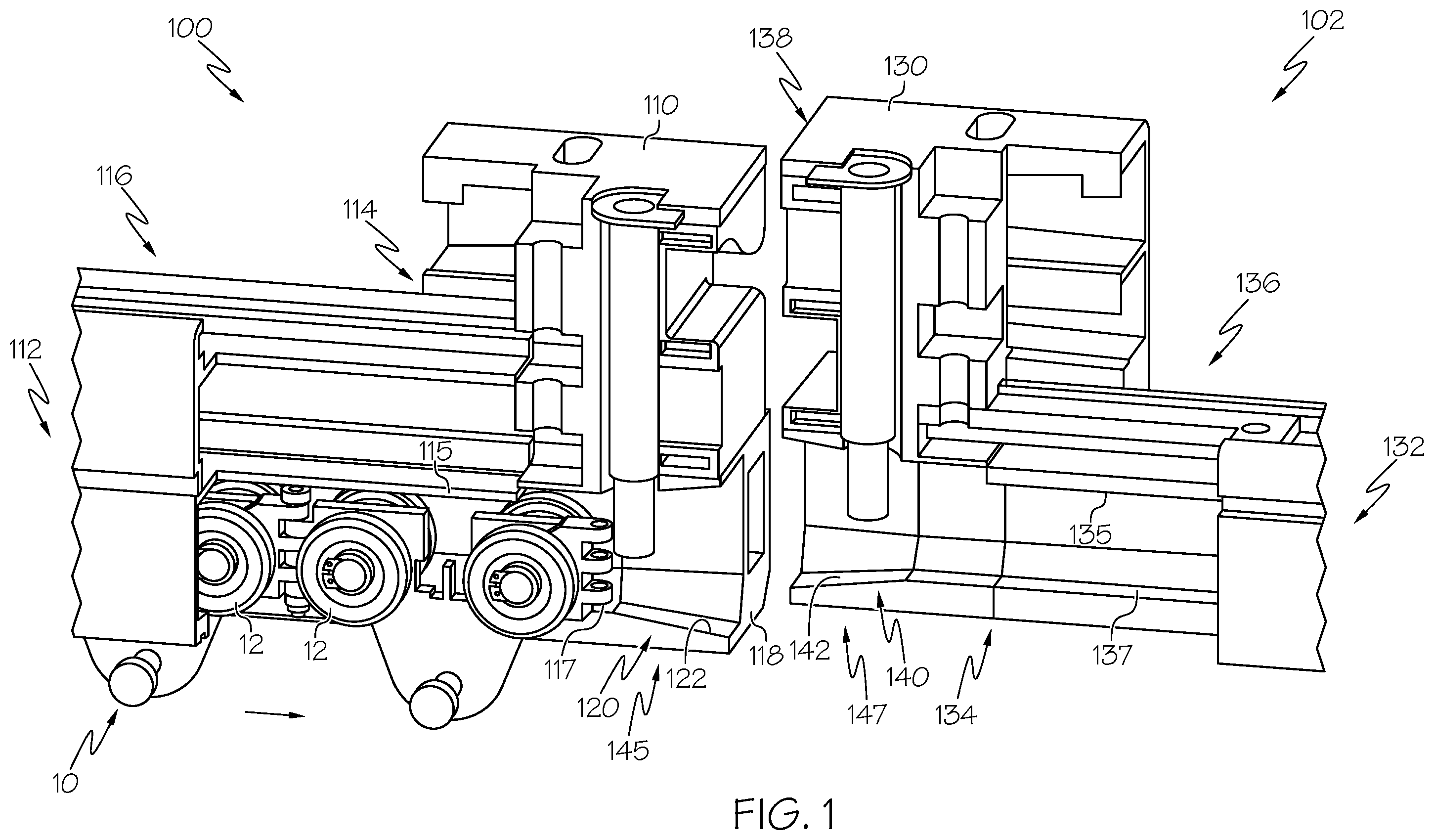 Patent US11793702 Figure 1 – Gates with transition ramps for overhead lifting rails