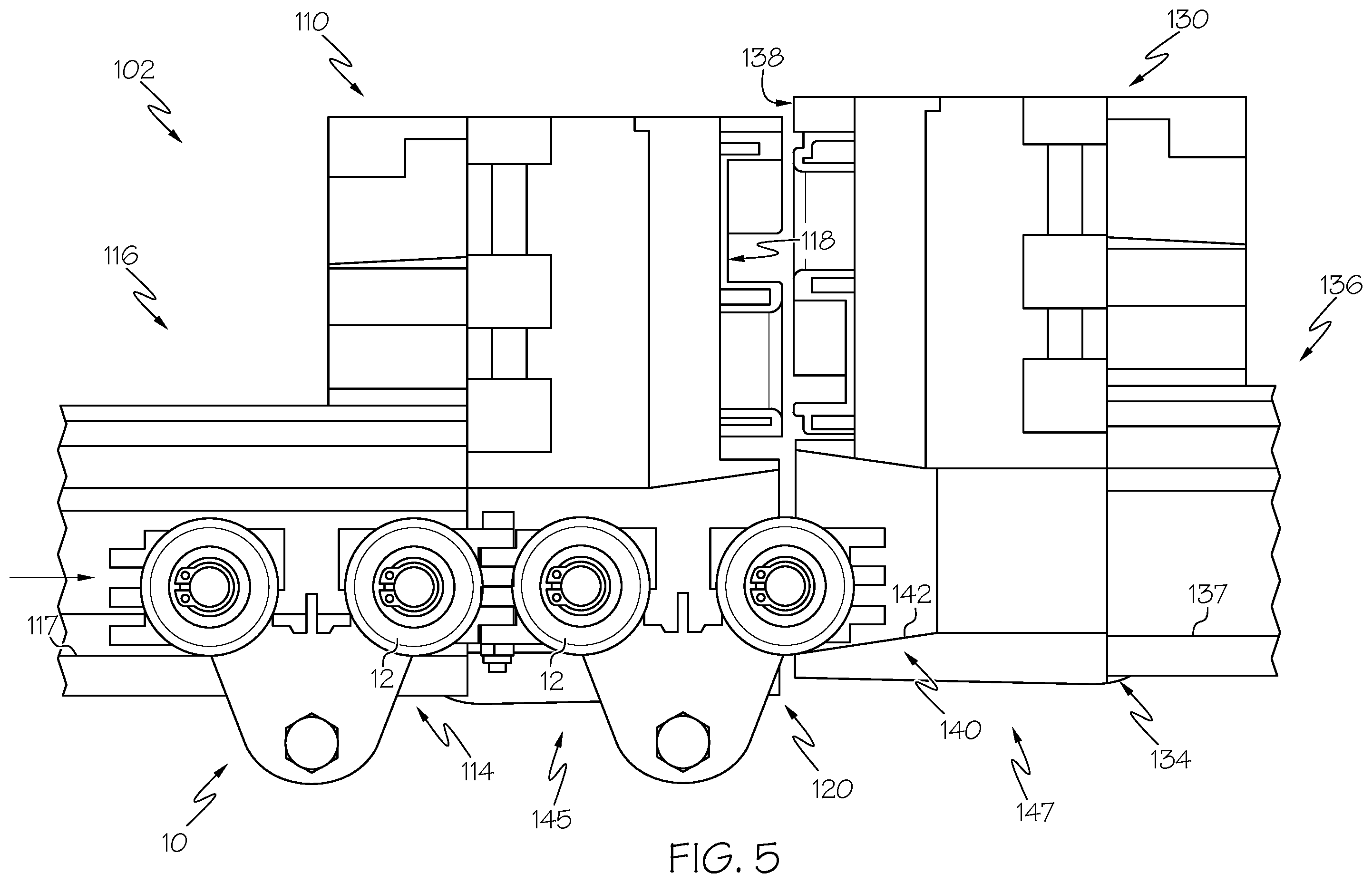 Patent US11793702 Figure 5 – Gates with transition ramps for overhead lifting rails