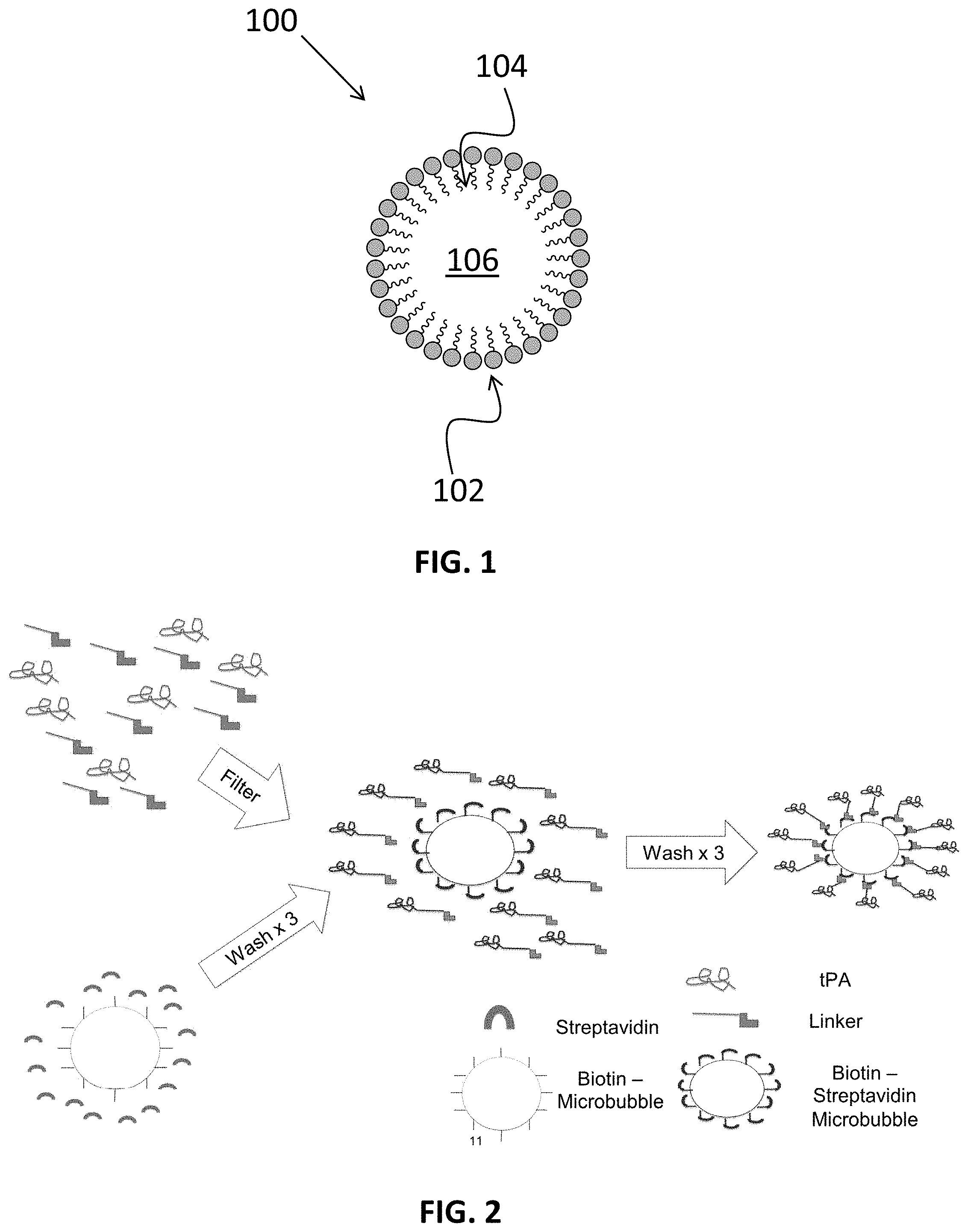 Patent US11793863 Figure 1 – Functionalized microbubble embodiments for ultrasound-mediated treatment and methods of making and using the same