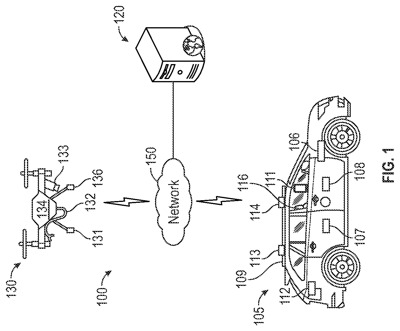 Patent US11793900 Figure 1 – Systems and methods to employ an unmanned aerial vehicle to sanitize a vehicle