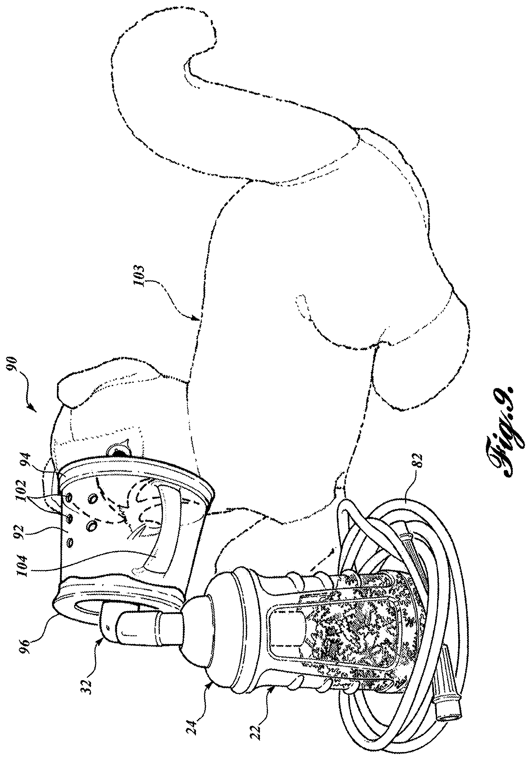 Patent US11793967 Figure 9 – Thermal material nebulizing system with animal mask