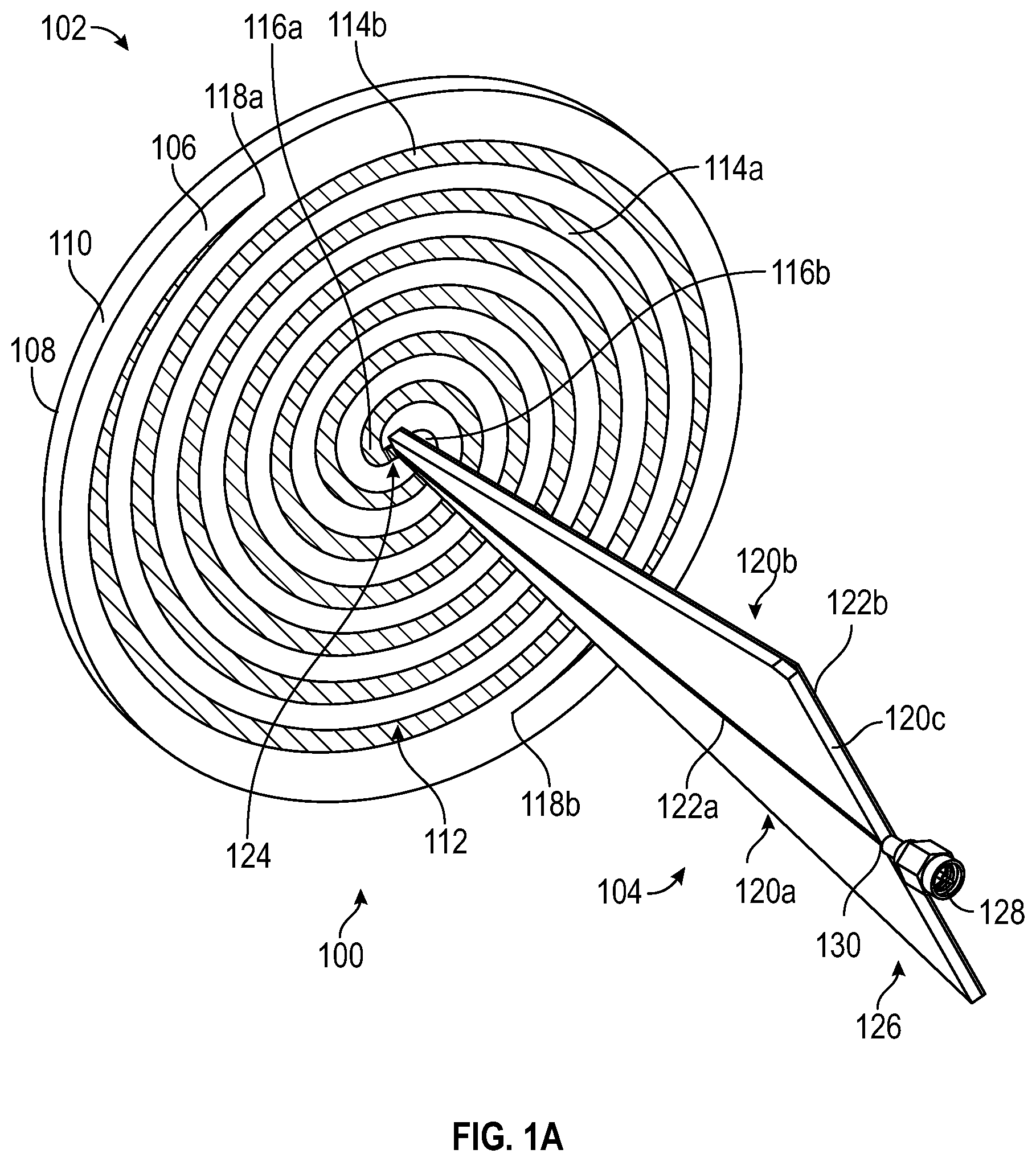 Patent US11799205 — Spiral antenna assembly with integrated feed network structure and method of manufacture — Figure 1