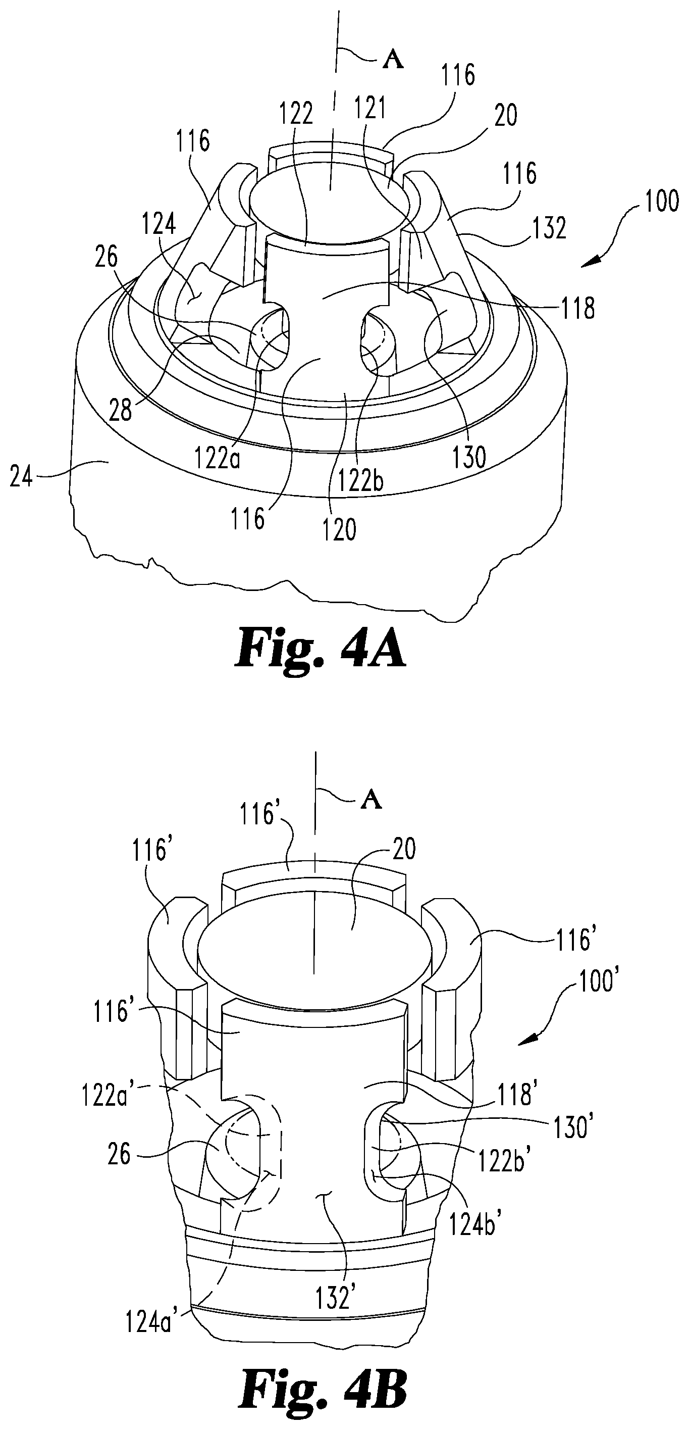 Patent US11799271 Figure 4 – Spark plug configurations with electrode to direct charge flow for a combustion pre-chamber of an internal combustion engine