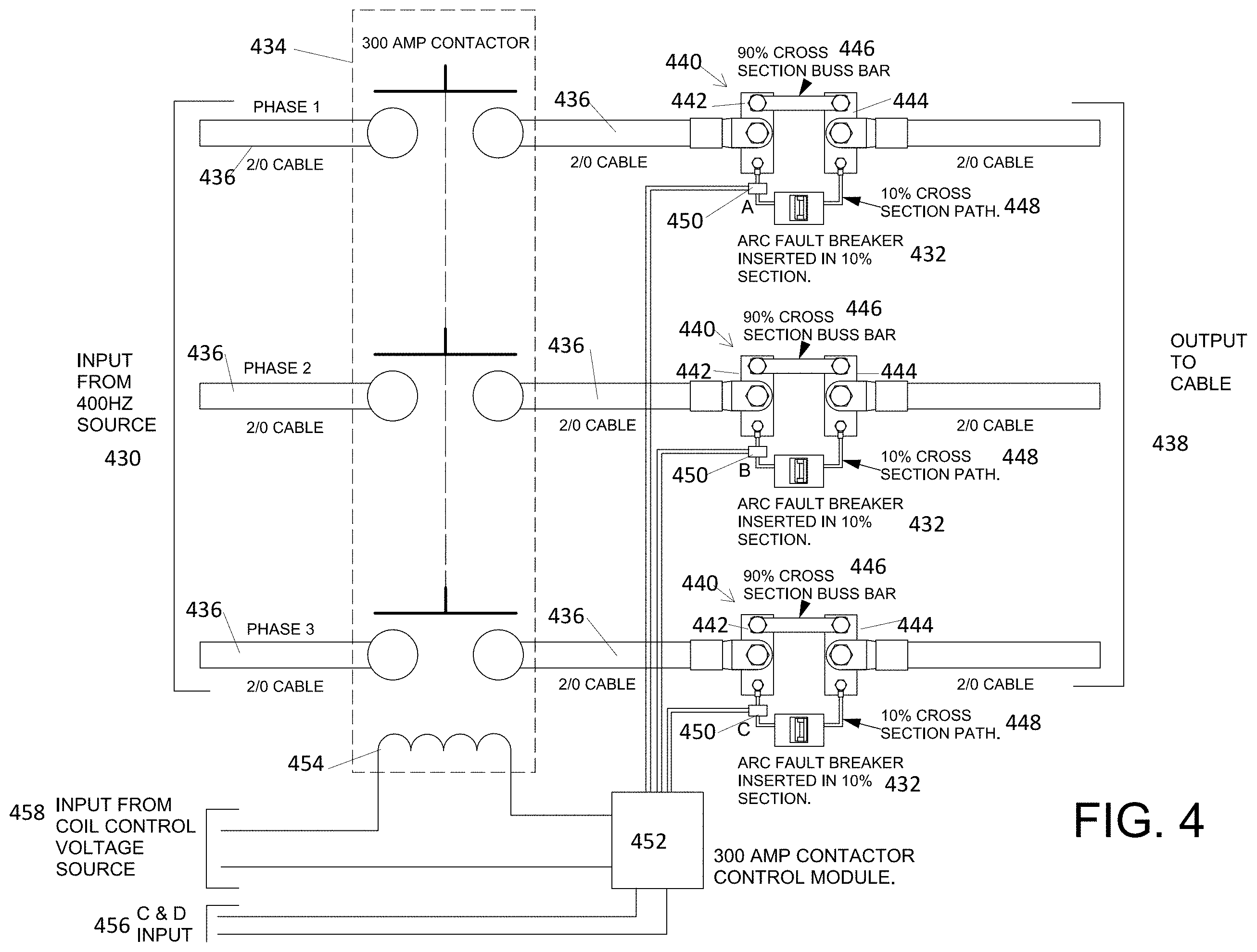 Patent US11799280 Figure 4 – Aircraft group power cable management and monitoring systems and methods, including high current power supply arc fault protection