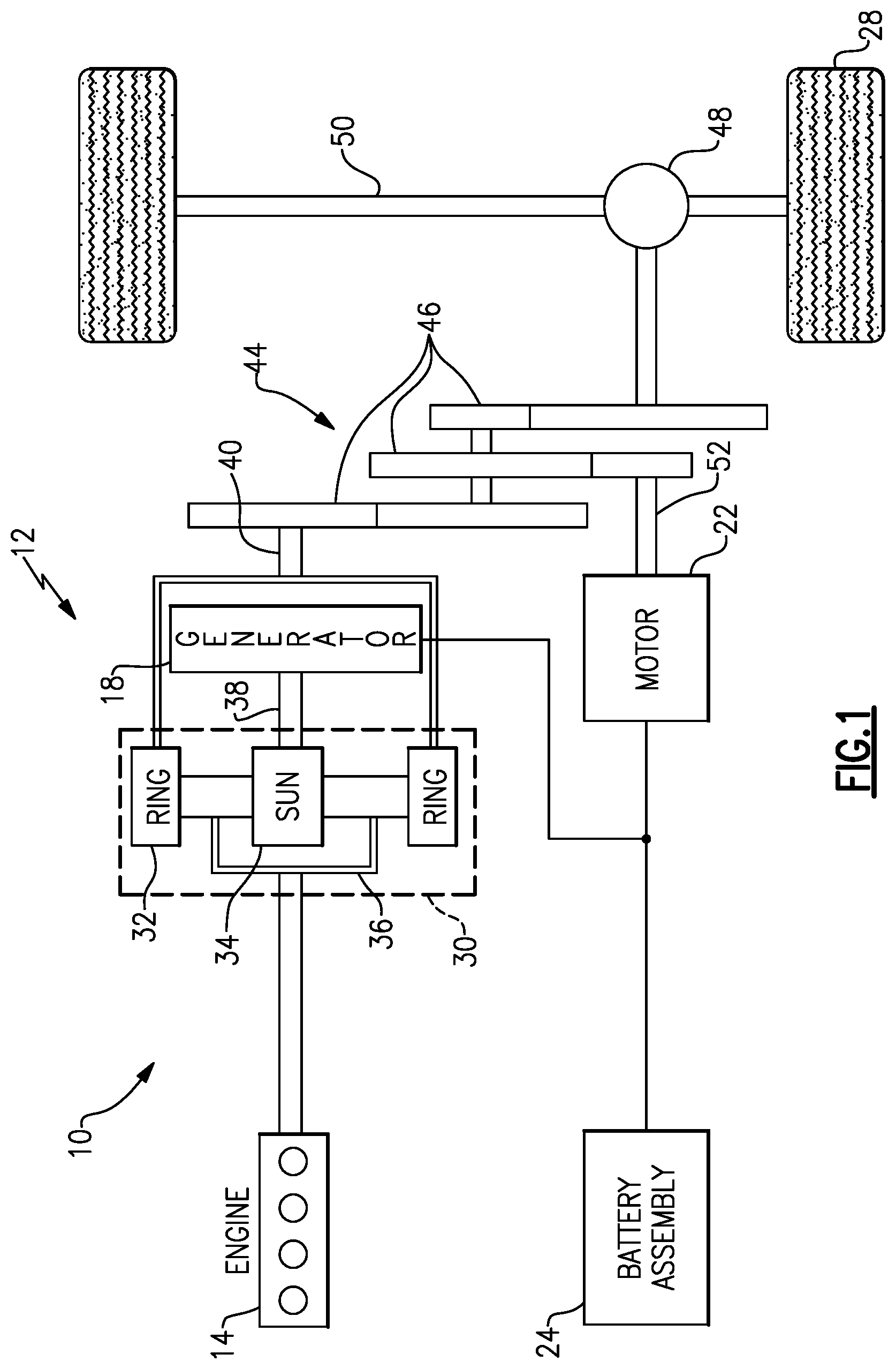Patent US11799361 Figure 1 – End covers configured to direct fluid for thermal management of electric machine for electrified vehicle