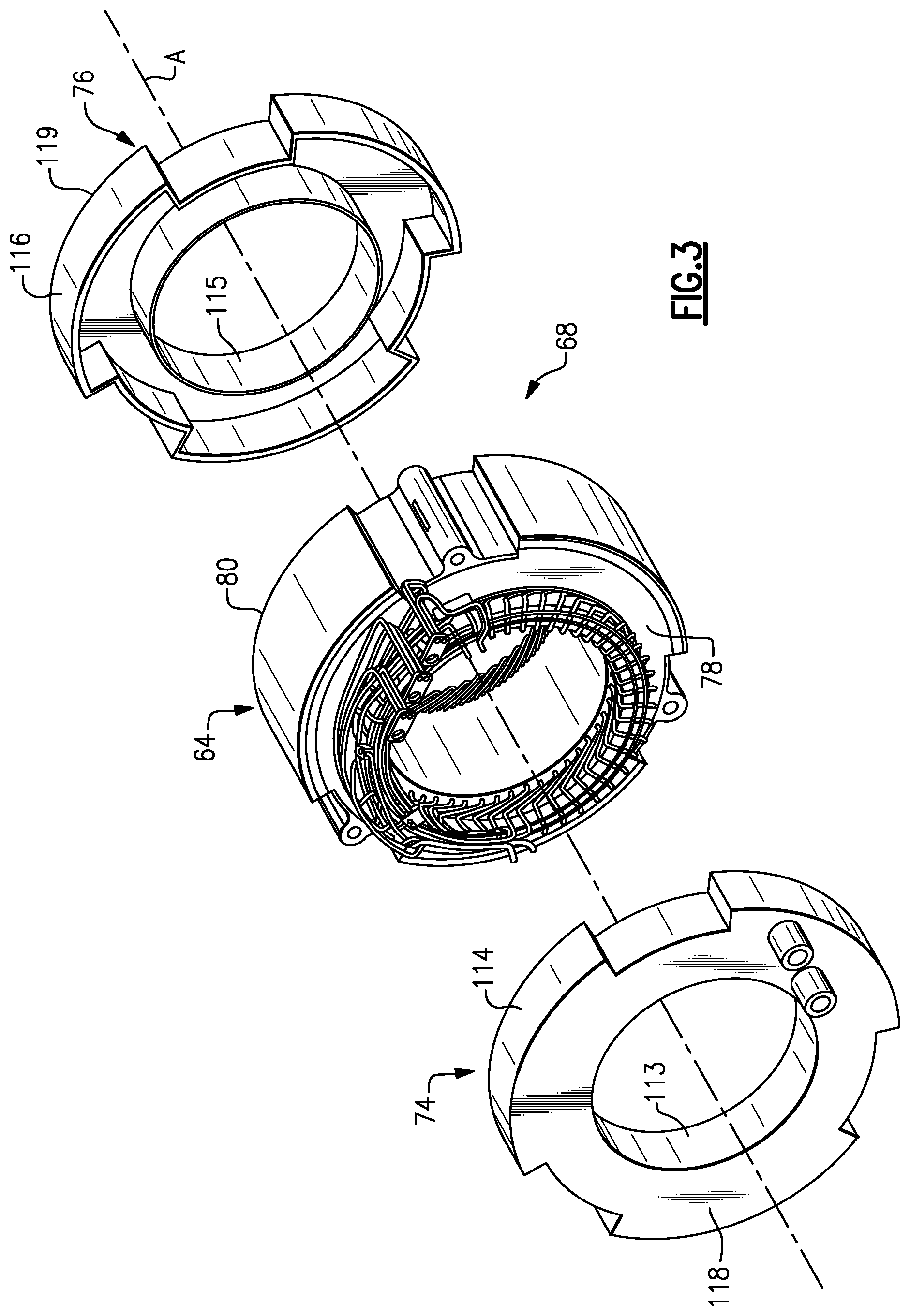 Patent US11799361 Figure 3 – End covers configured to direct fluid for thermal management of electric machine for electrified vehicle