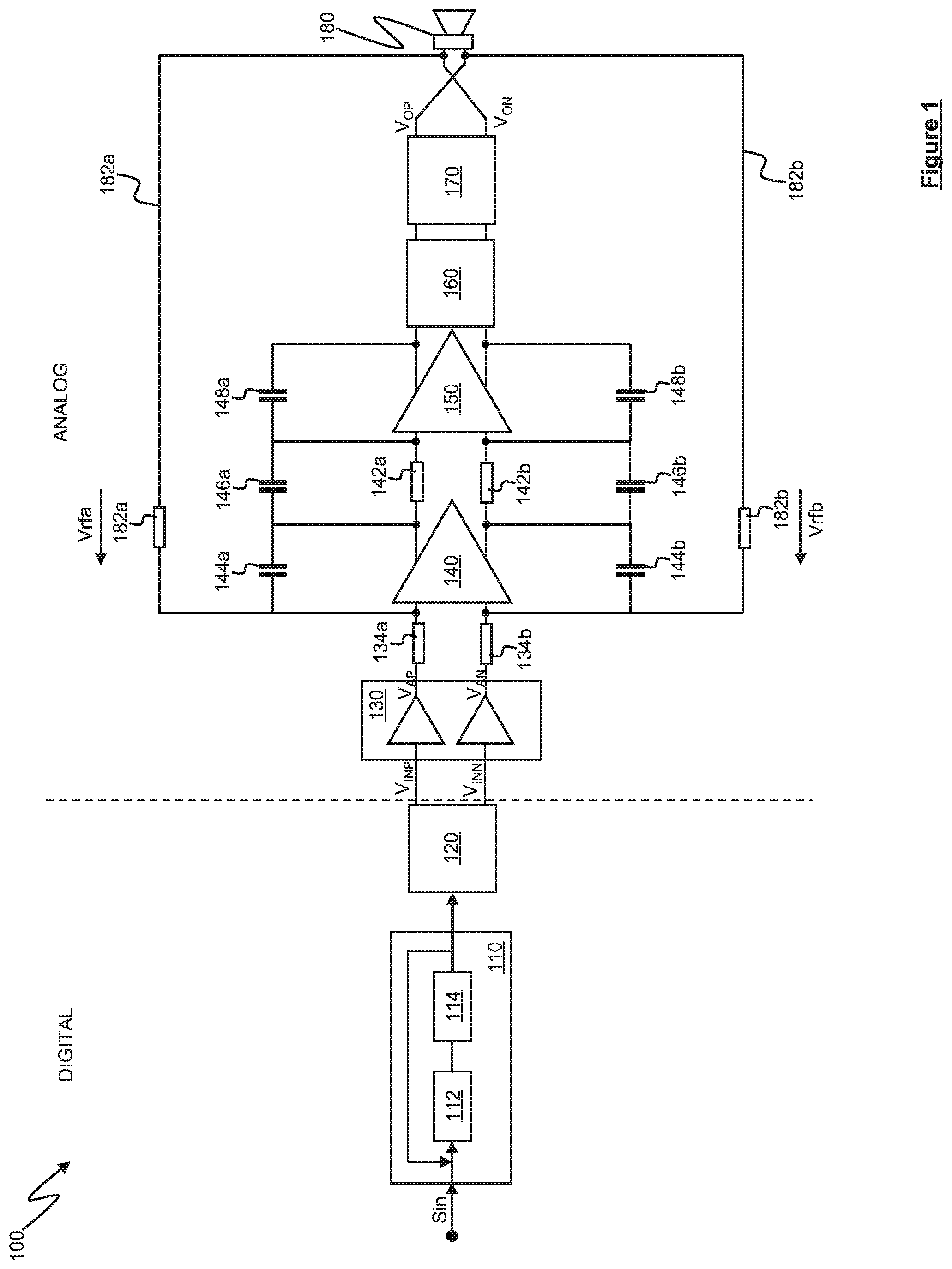 Patent US11799426 — Class D amplifier circuitry — Figure 1