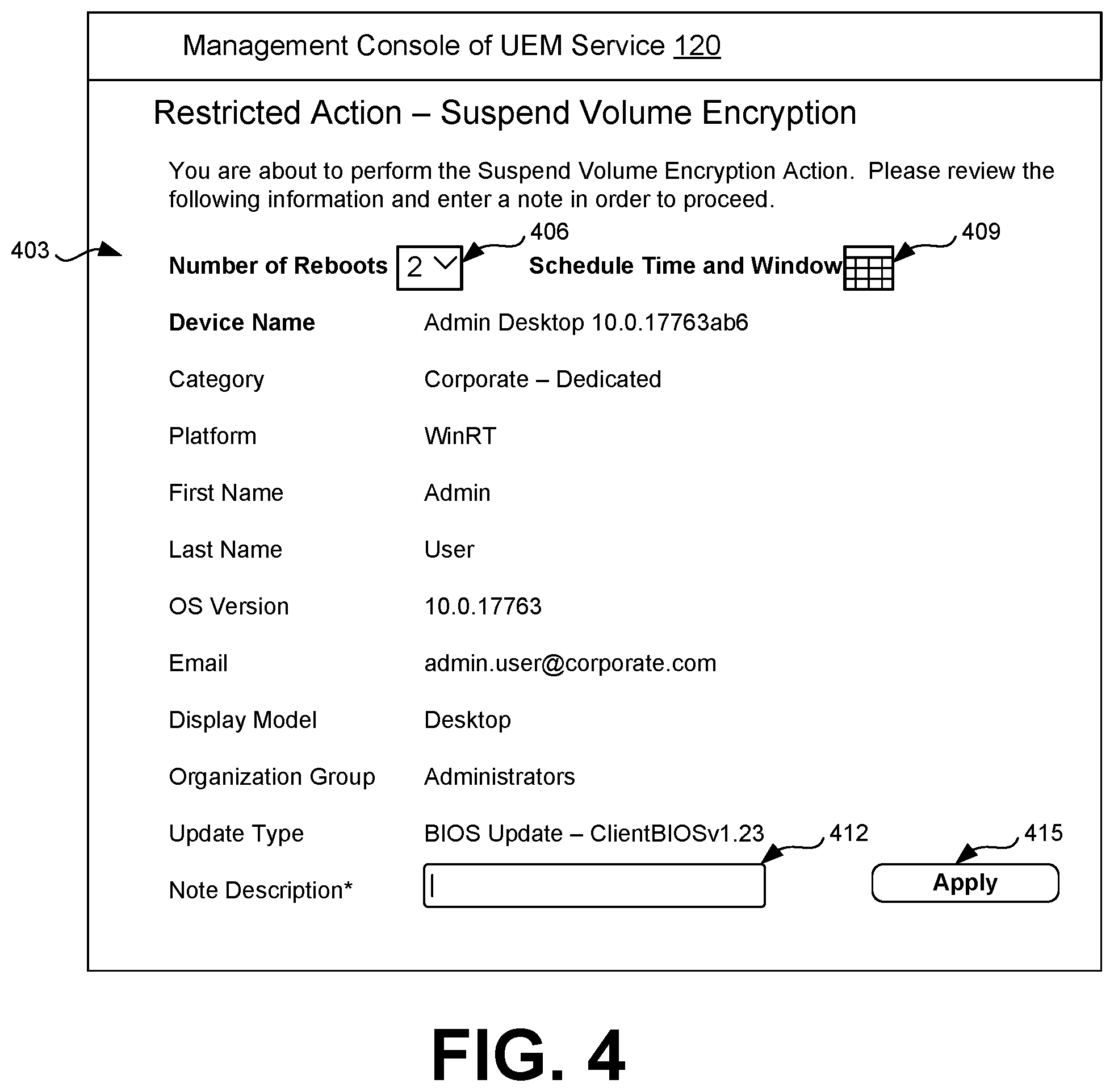 Patent US11805108 Figure 4 – Secure volume encryption suspension for managed client device updates