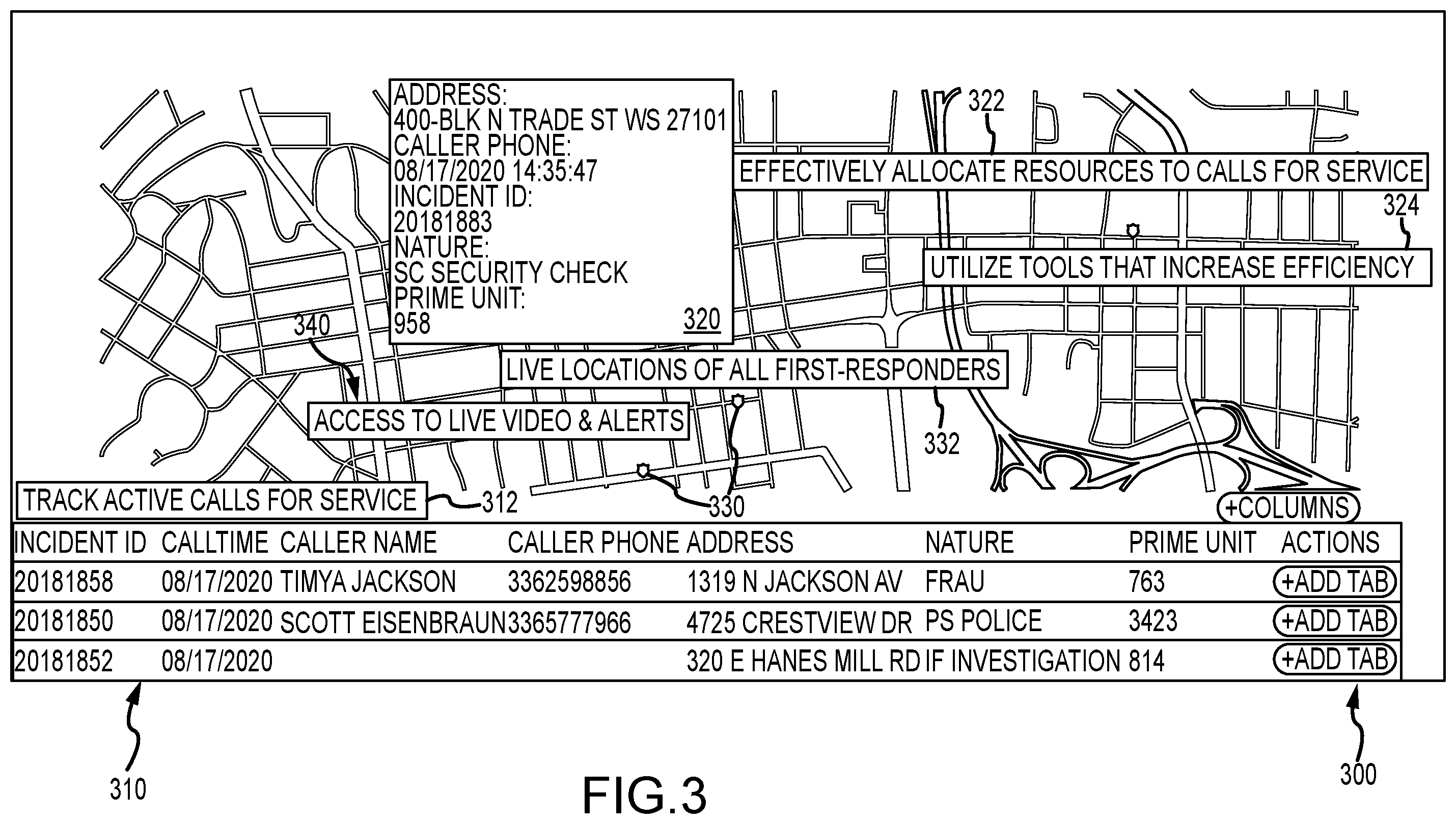 Patent US11805202 Figure 3 – Real-time crime center solution with dispatch directed digital media payloads