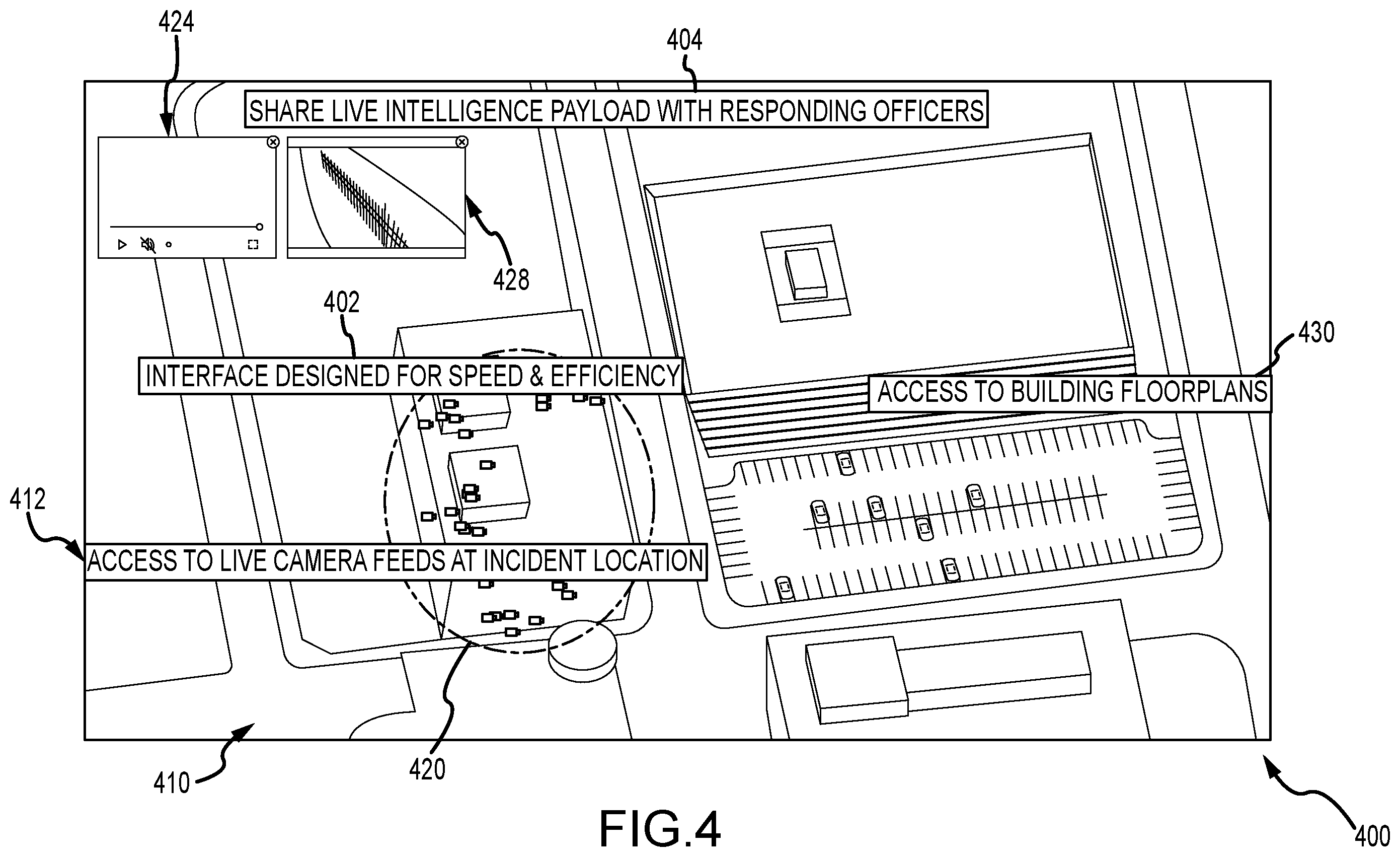 Patent US11805202 Figure 4 – Real-time crime center solution with dispatch directed digital media payloads