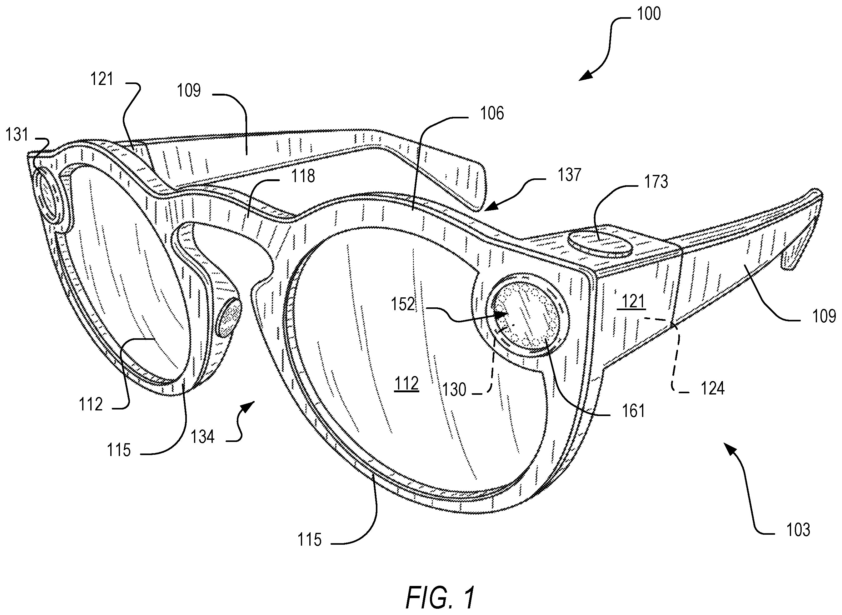 Patent US11805309 Figure 1 – Eyewear device mode indication