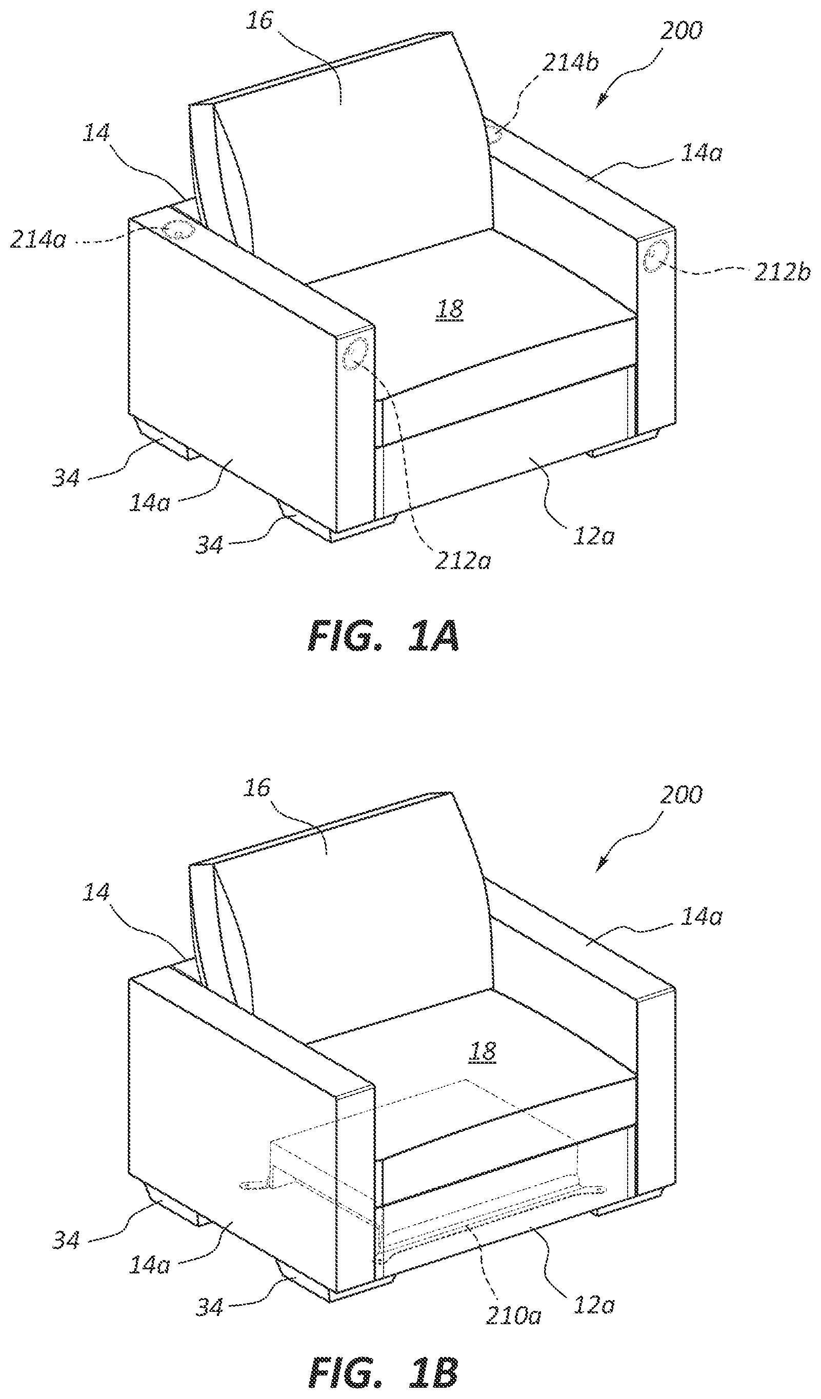 Patent US11805363 Figure 1 – Electronic furniture assembly with integrated internal speaker system including downward oriented speaker