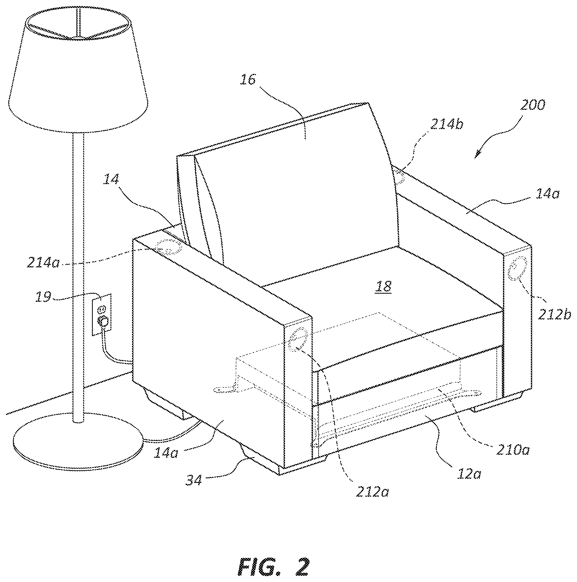 Patent US11805363 Figure 2 – Electronic furniture assembly with integrated internal speaker system including downward oriented speaker