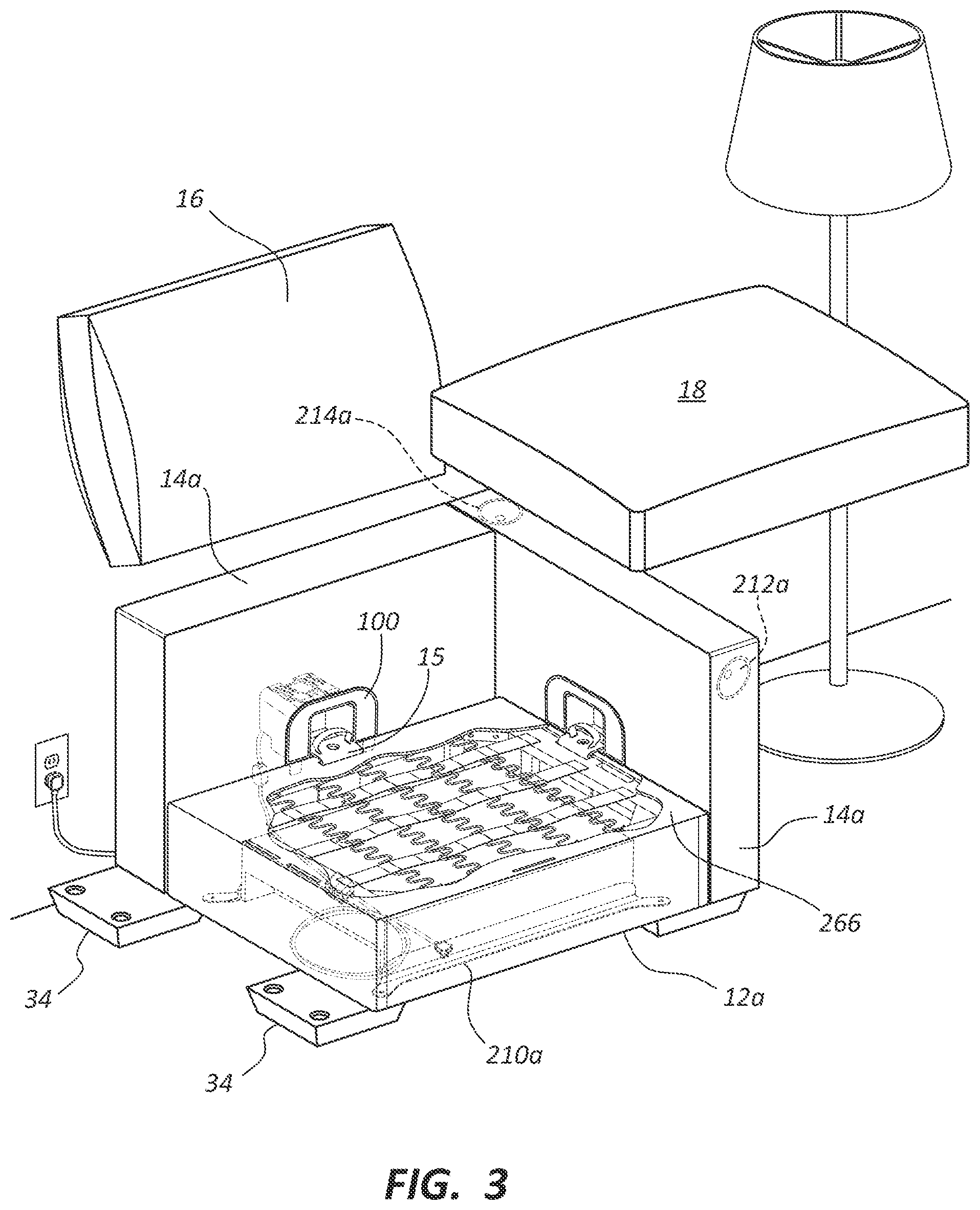Patent US11805363 Figure 3 – Electronic furniture assembly with integrated internal speaker system including downward oriented speaker