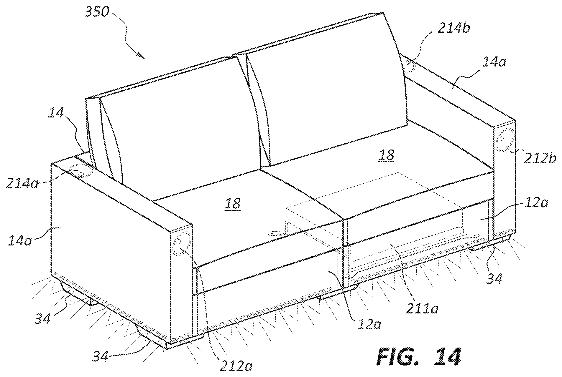 Patent US11805363 Figure 19 – Electronic furniture assembly with integrated internal speaker system including downward oriented speaker