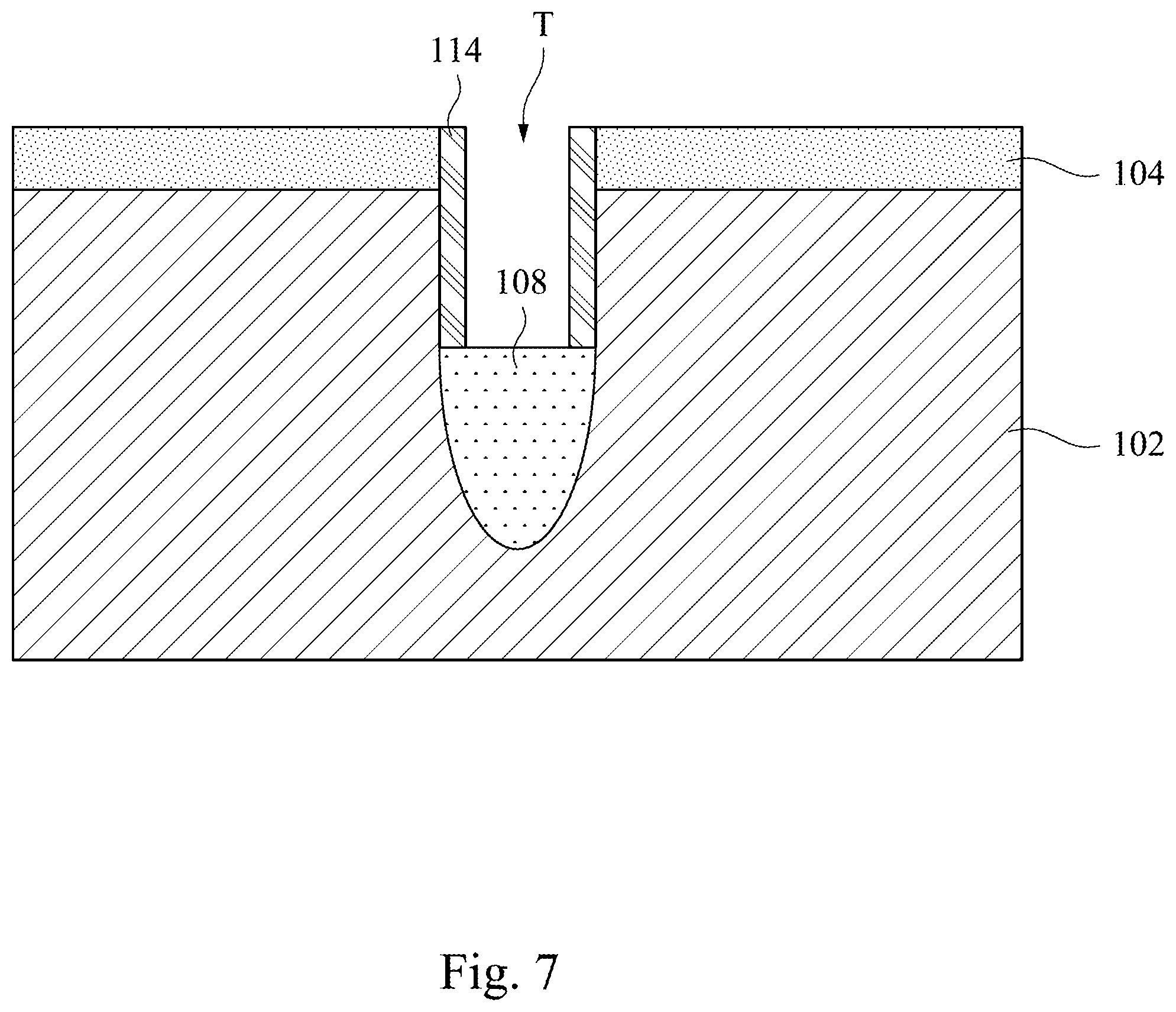 Patent US11805640 Figure 7 – Manufacturing method of a semiconductor device using a protect layer along a top sidewall of a trench to widen the bottom of the trench