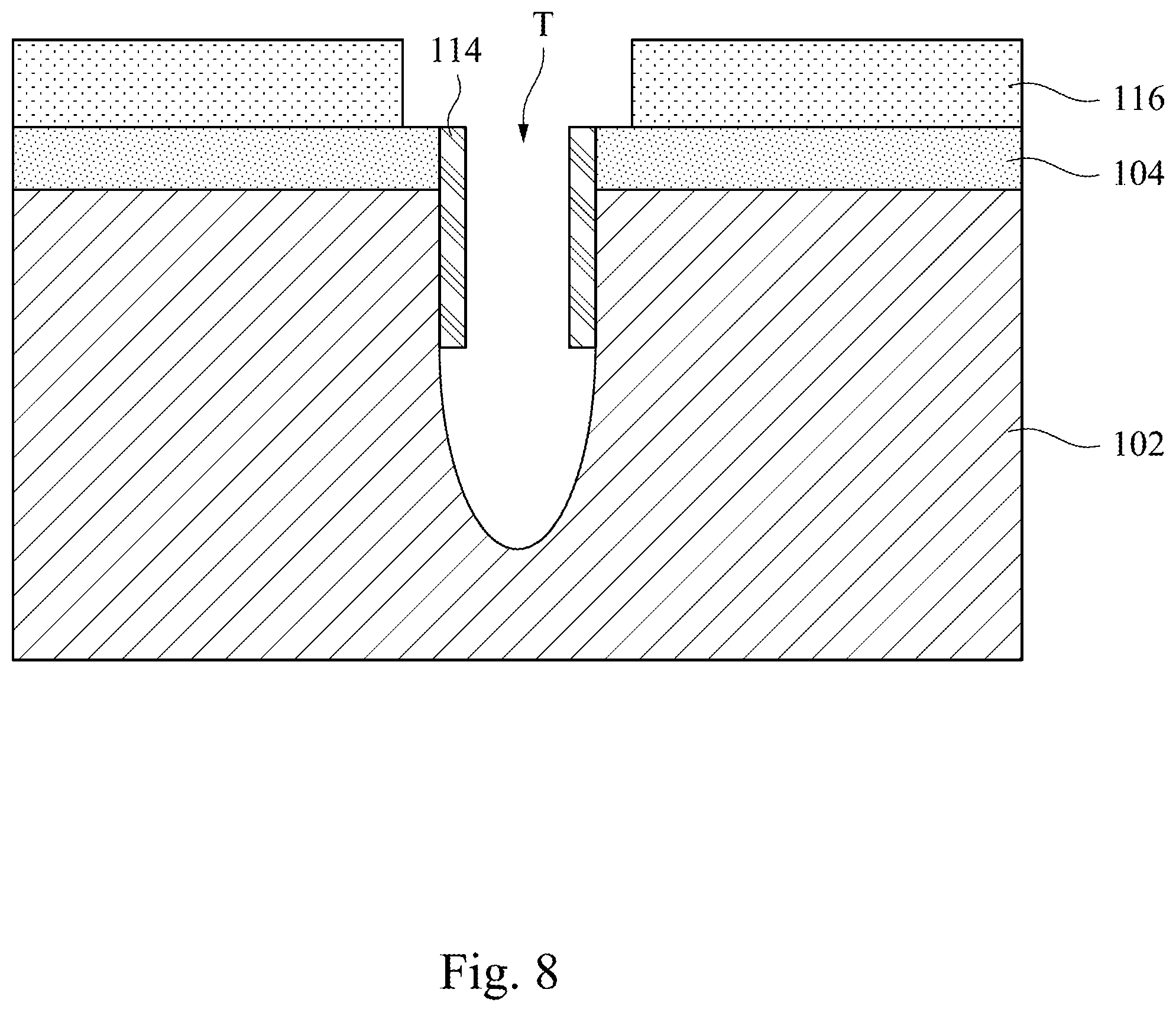 Patent US11805640 Figure 8 – Manufacturing method of a semiconductor device using a protect layer along a top sidewall of a trench to widen the bottom of the trench