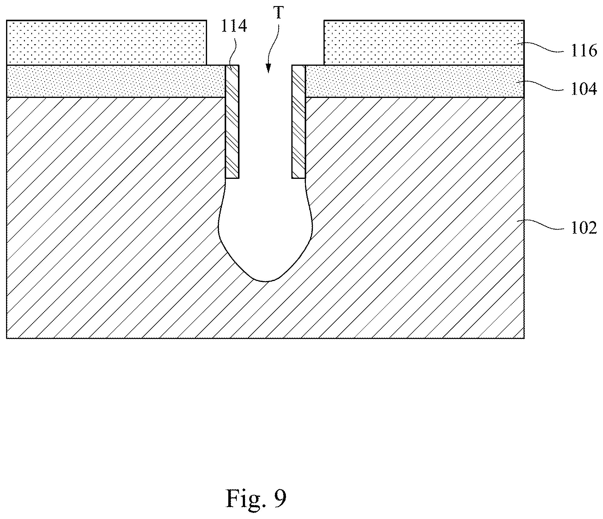 Patent US11805640 Figure 9 – Manufacturing method of a semiconductor device using a protect layer along a top sidewall of a trench to widen the bottom of the trench