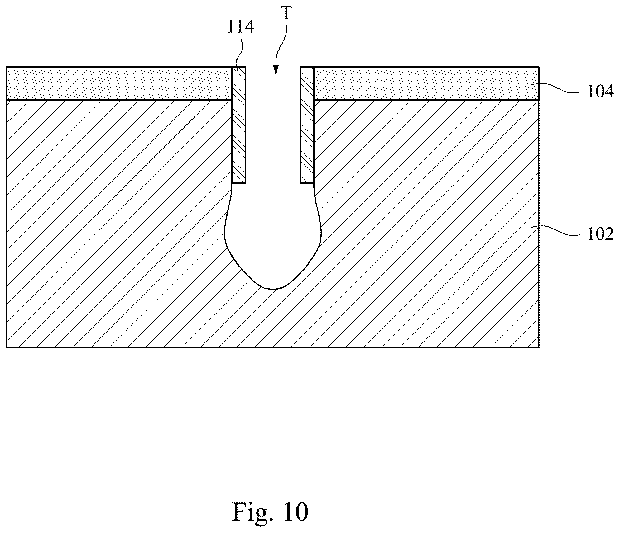 Patent US11805640 Figure 10 – Manufacturing method of a semiconductor device using a protect layer along a top sidewall of a trench to widen the bottom of the trench