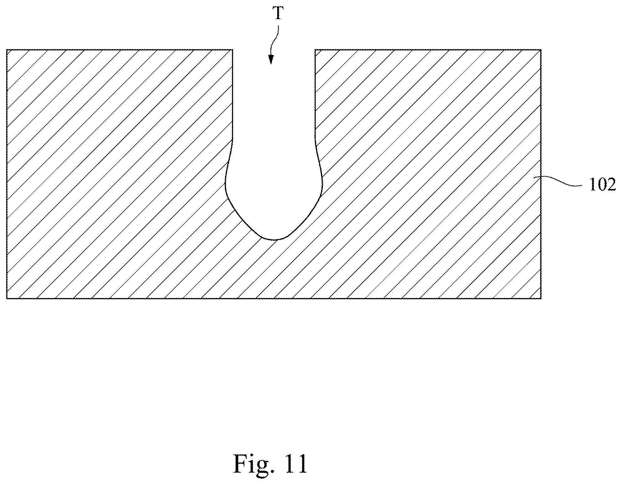 Patent US11805640 Figure 11 – Manufacturing method of a semiconductor device using a protect layer along a top sidewall of a trench to widen the bottom of the trench