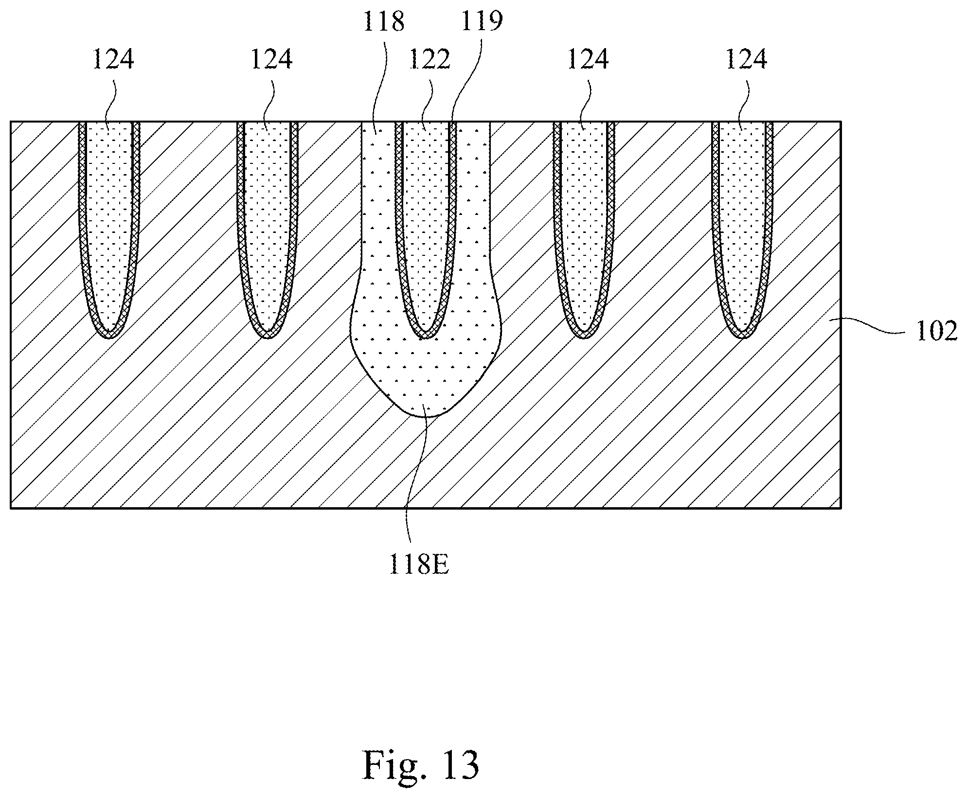 Patent US11805640 Figure 13 – Manufacturing method of a semiconductor device using a protect layer along a top sidewall of a trench to widen the bottom of the trench