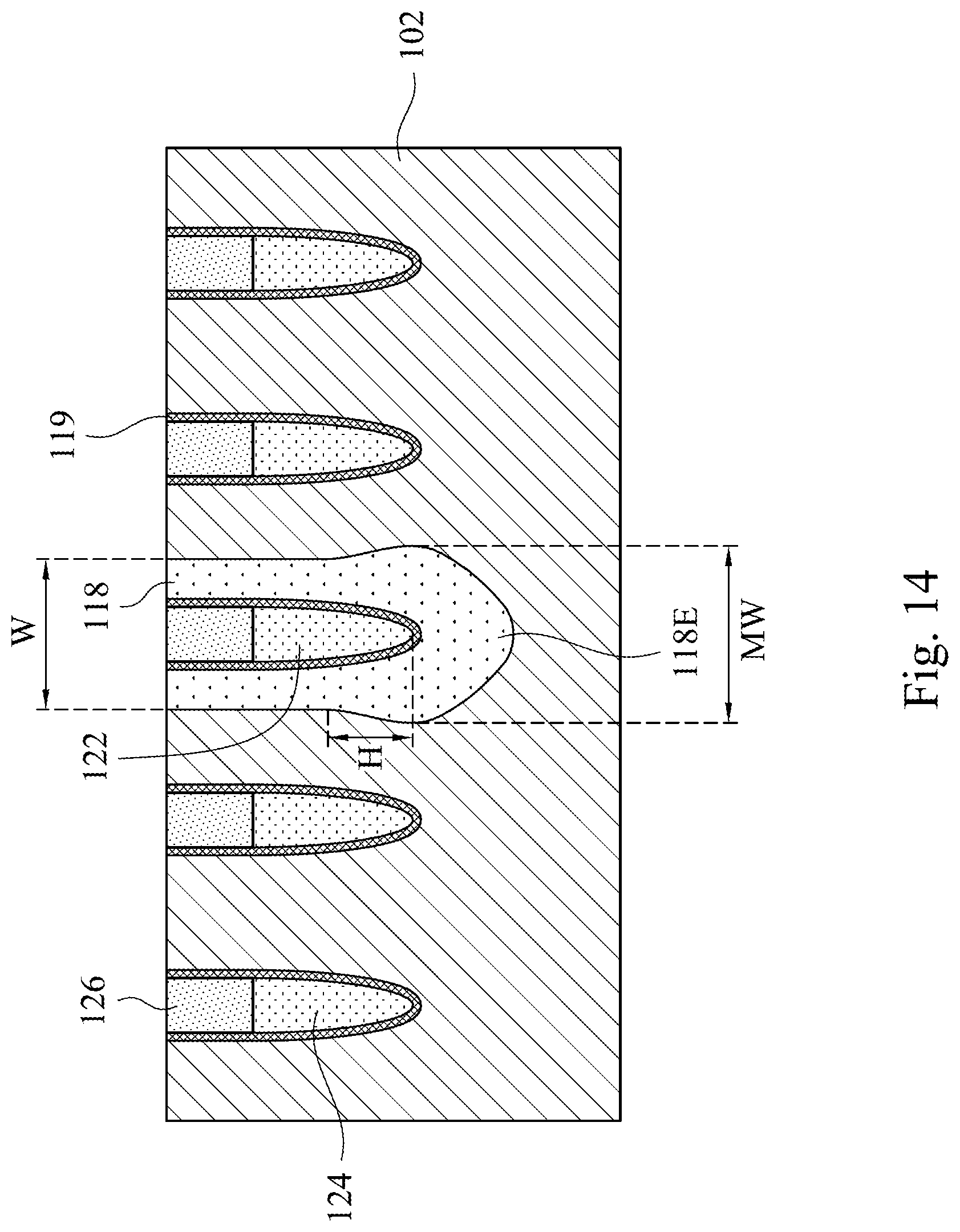 Patent US11805640 Figure 14 – Manufacturing method of a semiconductor device using a protect layer along a top sidewall of a trench to widen the bottom of the trench