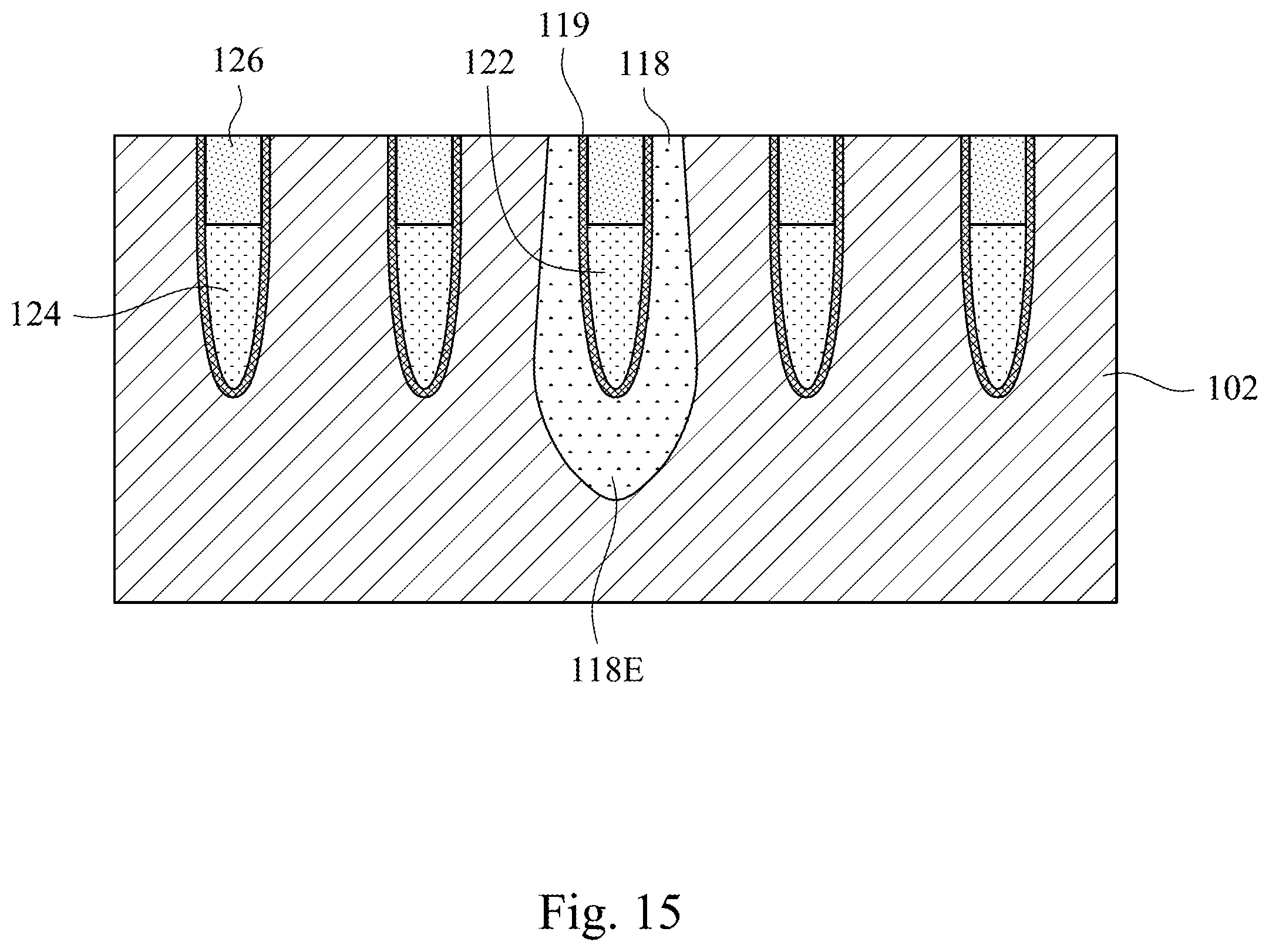 Patent US11805640 Figure 15 – Manufacturing method of a semiconductor device using a protect layer along a top sidewall of a trench to widen the bottom of the trench