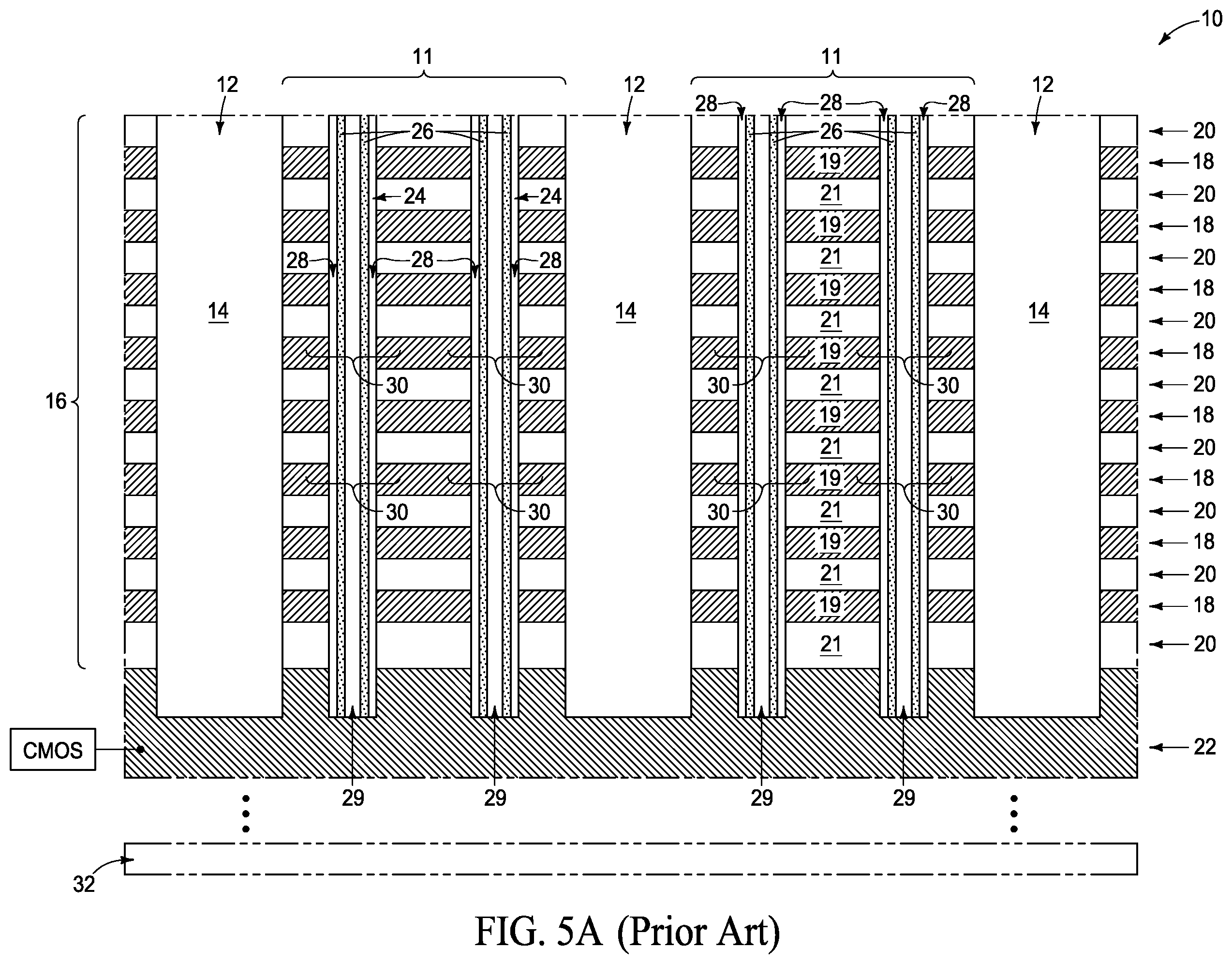 Patent US11805645 Figure 6 – Integrated assemblies having rugged material fill, and methods of forming integrated assemblies