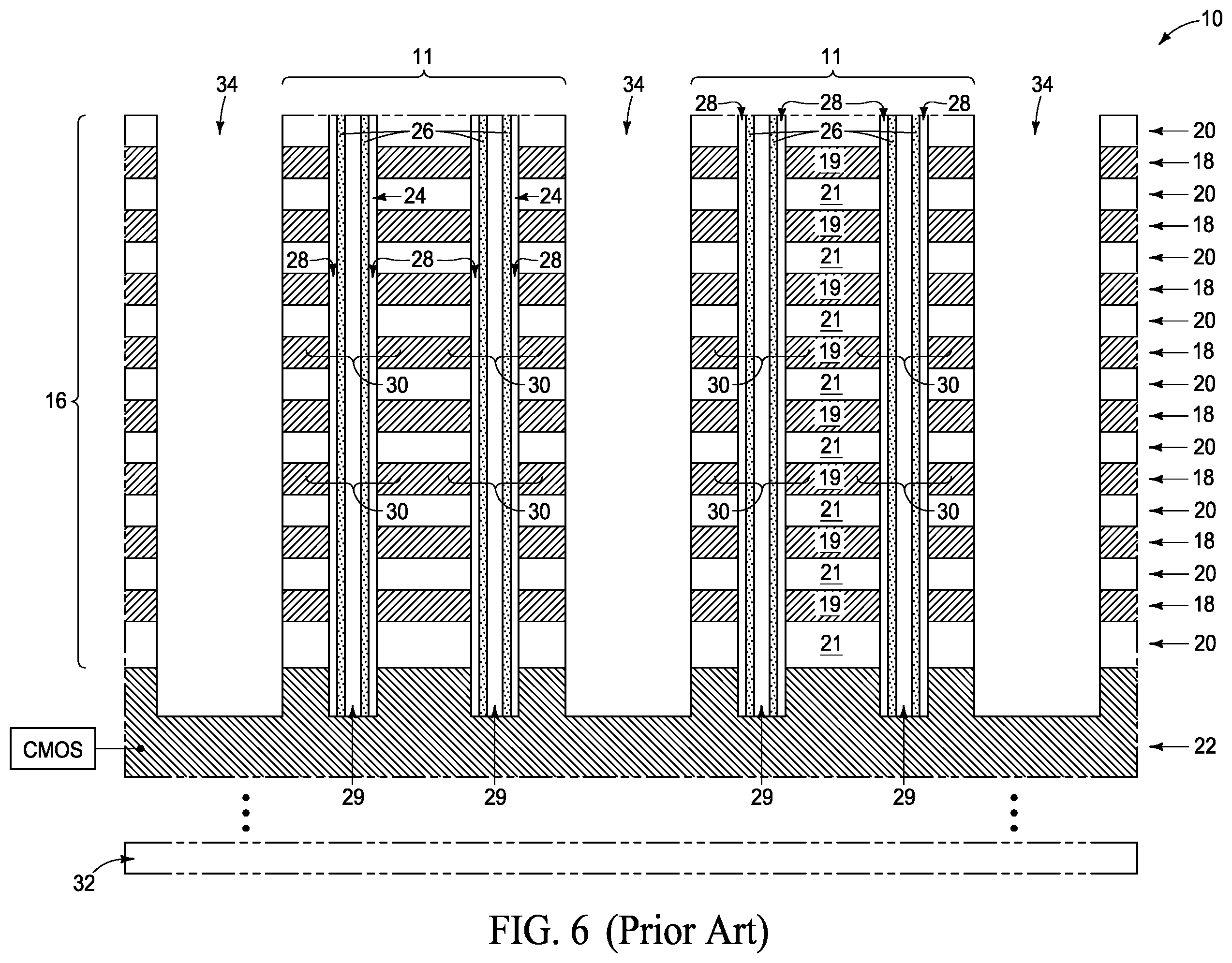 Patent US11805645 Figure 7 – Integrated assemblies having rugged material fill, and methods of forming integrated assemblies